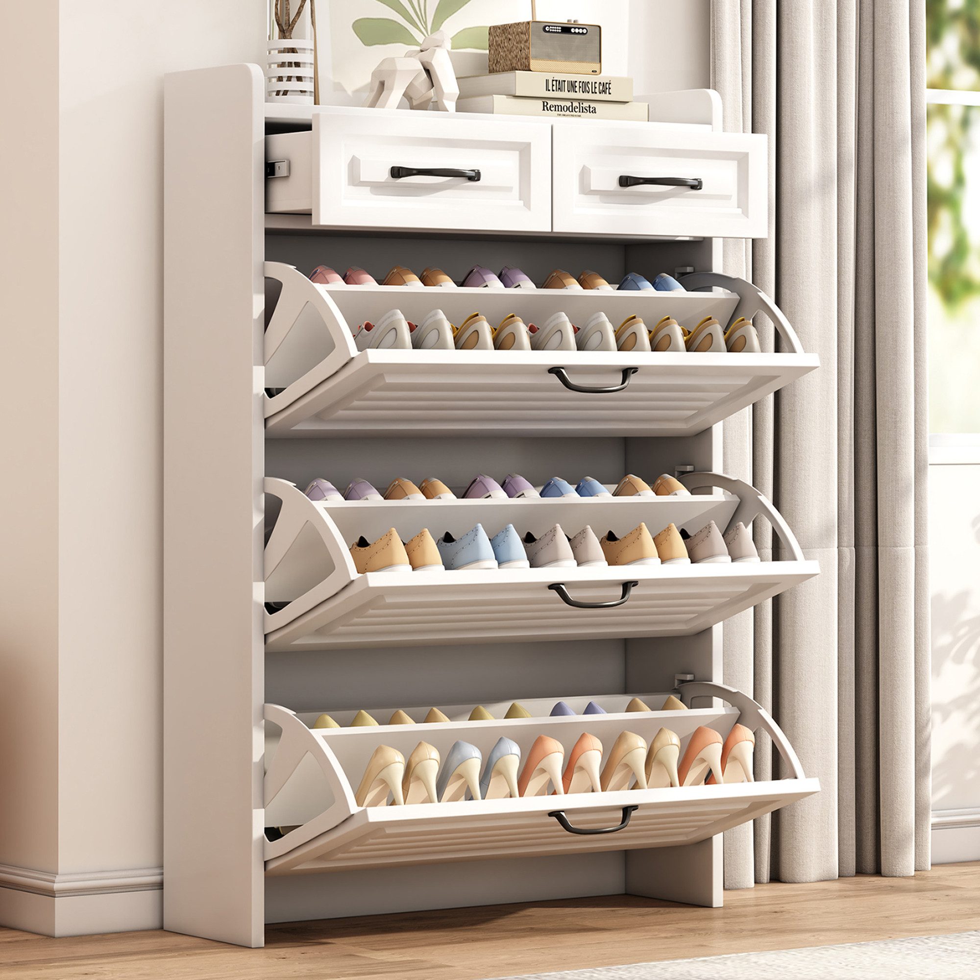IDEASY Schuhschrank Weißes rotierendes Schuhregal aus Holz, 2 Schubladen, ( günstig online kaufen