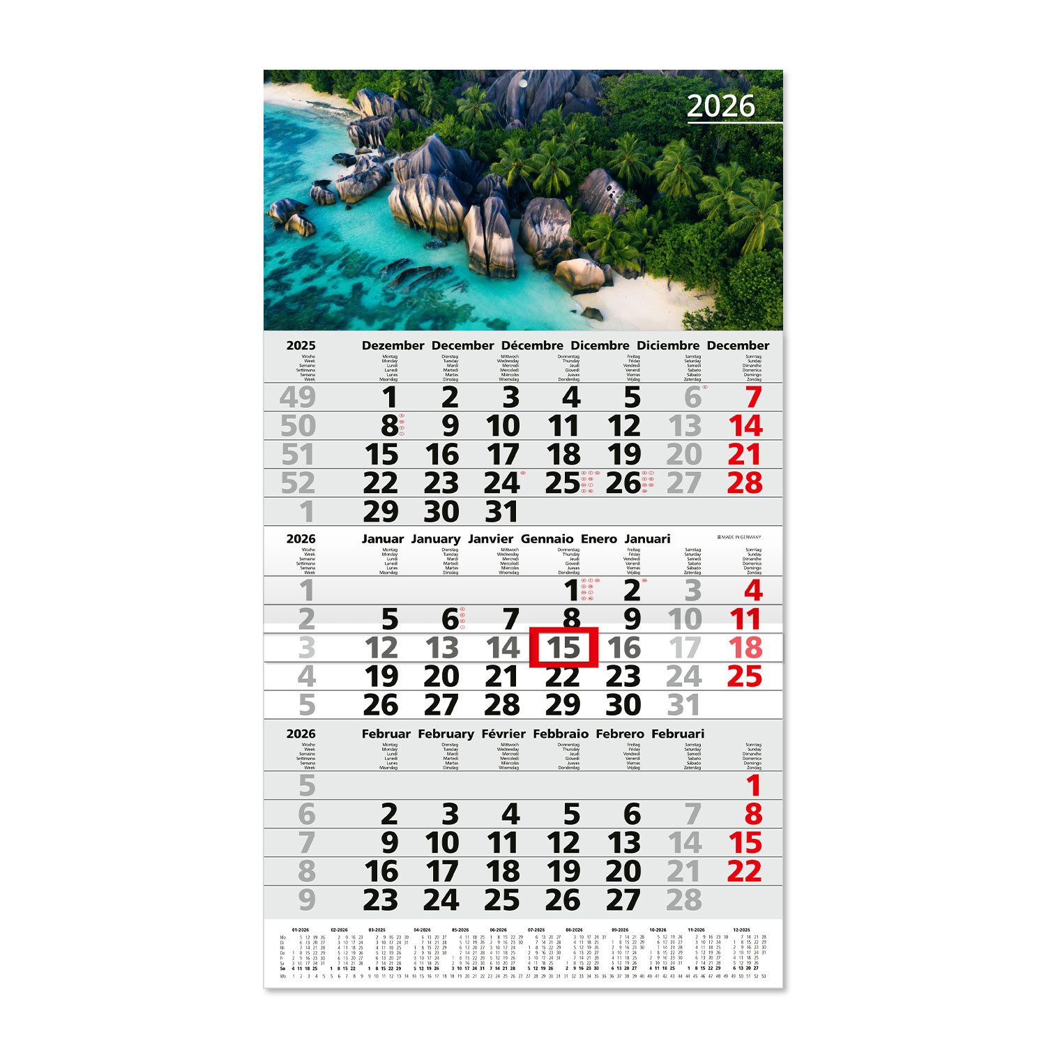 Timr Monatskalender 3-Monatskalender 2026 Jahresübersicht D / GB / F / I / E / NL tr344