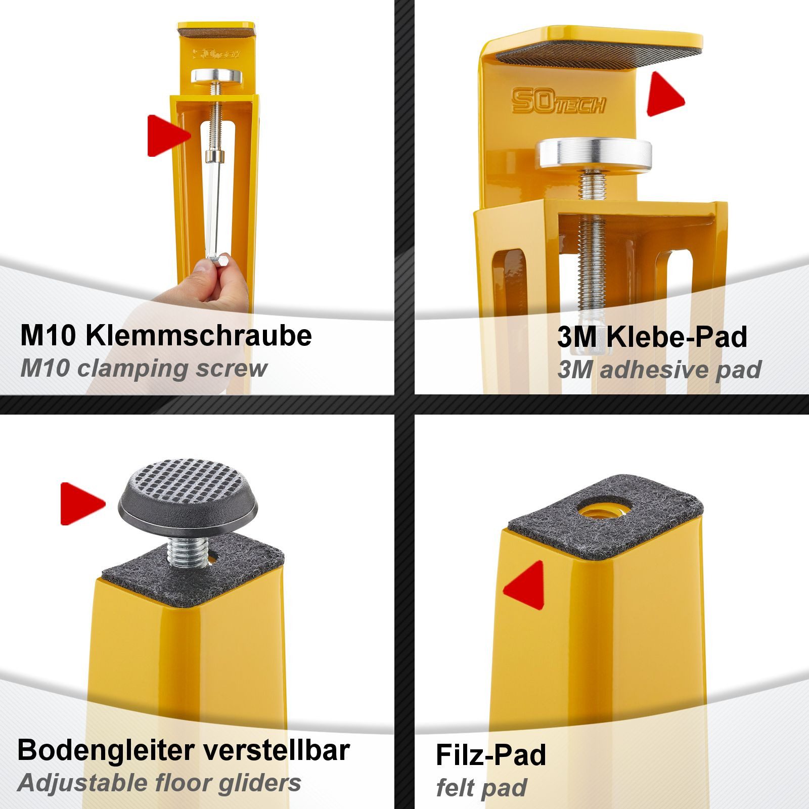 SO-TECH® Tischbein ColorLine in F-Form konisch zulaufend von 70 auf 40 mm, mit Klemmschraube (ohne Bohren) - gelb - Höhe 464 mm - 1x – Bild 3 von 5