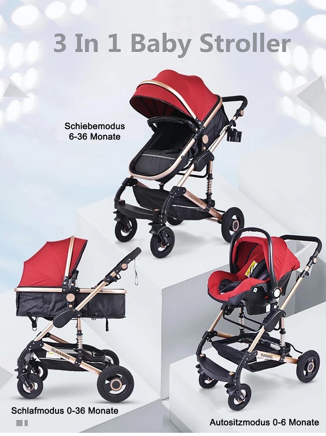 TPFFamily Kombi-Kinderwagen Babyschale Baby Buggy Babywanne 5-Punkt-Sicherheitsgurt Moskitonetz, Getränkehalter Kinderwagen 3 in 1 inkl. Großem Zubehörset Schwarz-Gold