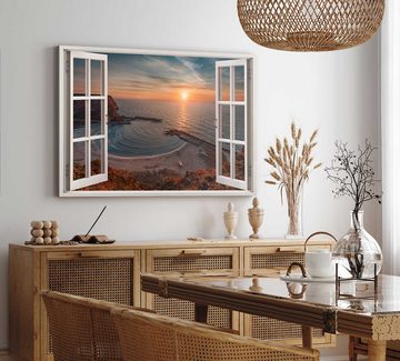 Sinus Art Leinwandbild Wandbild 120x80cm Fensterbild Sonnenuntergang Horizont Meer Küste Stra, (1 St)