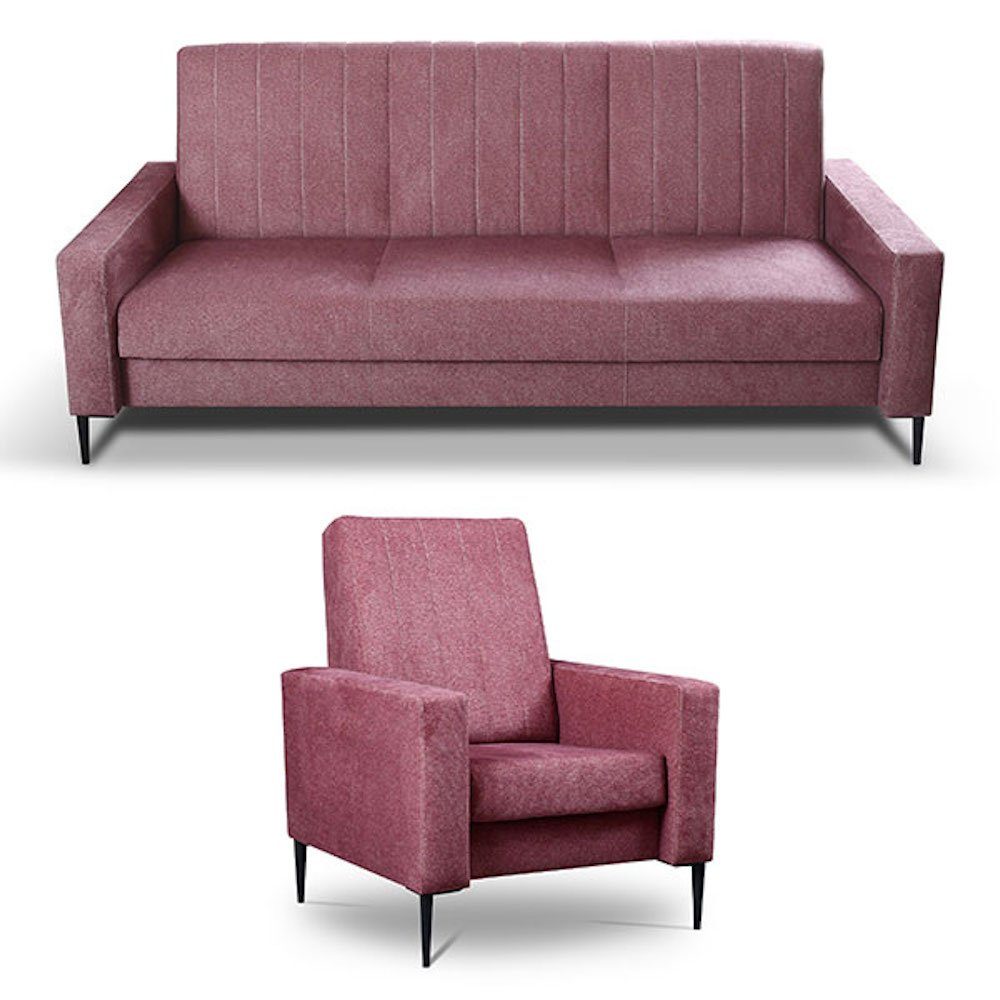 & Schlaffunktion 1 wählbar Farbe Polstergarnitur 3-tlg, Toronto, Bettkasten rotviolett Sofa 2 und Feldmann-Wohnen Sessel,