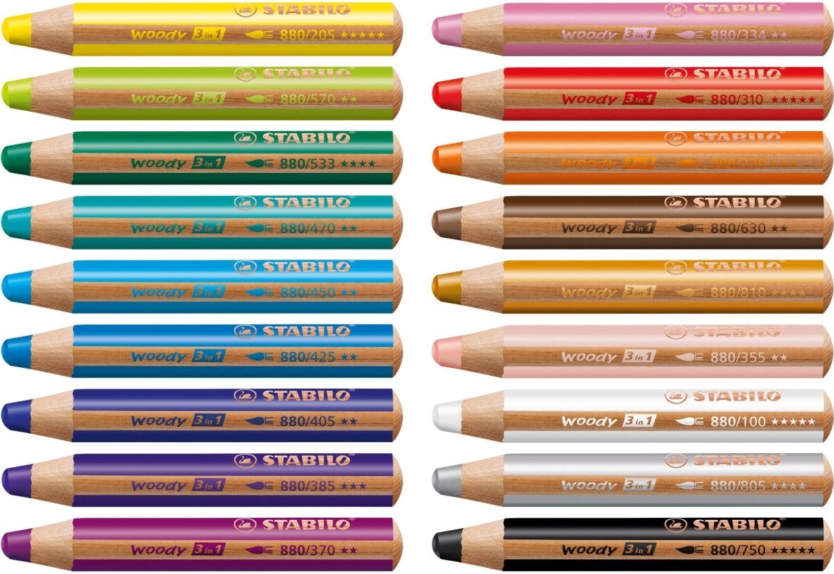 STABILO Buntstift Multitalent-Stift woody 3 in 1 VE=18 Stück + 1 Spitzer + 1 Pinsel