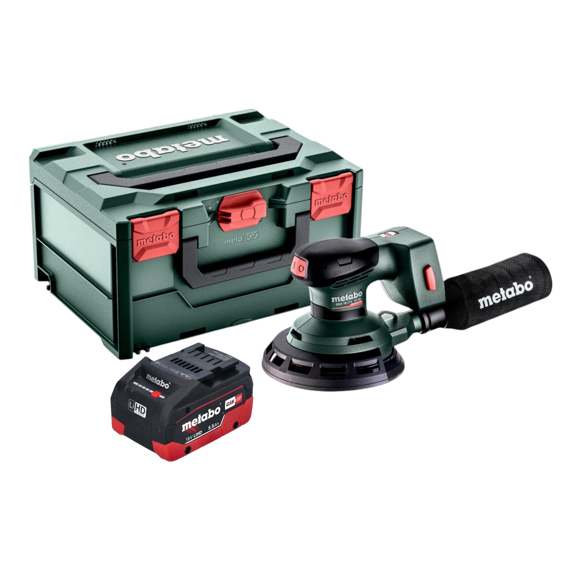 metabo Akku-Exzenterschleifer SXA 18 LTX 150 BL 18 V 150 mm + 1x LiHD Akku 5,5 Ah + metaBOX - ohne L