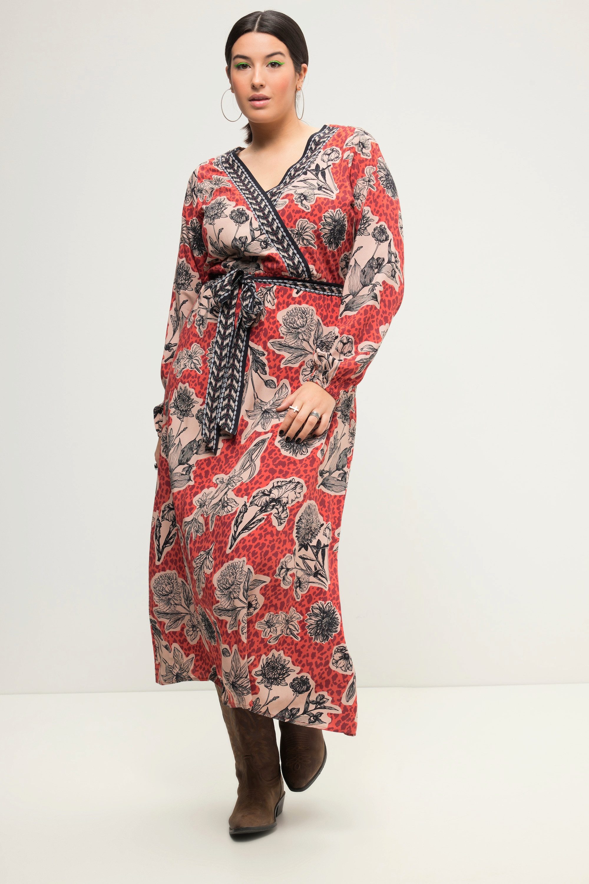 Maxikleid Maxikleid A-Line Flowerprint V-Ausschnitt Langarm