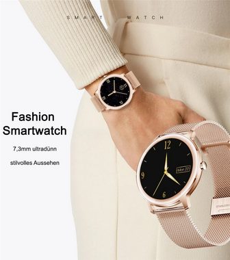 TPFNet SW09 mit Milanaise Armband für Damen Smartwatch (Android), individuelles Display - Armbanduhr mit Musiksteuerung, Herzfrequenz, Schrittzähler, Kalorien, Social Media etc., Gold