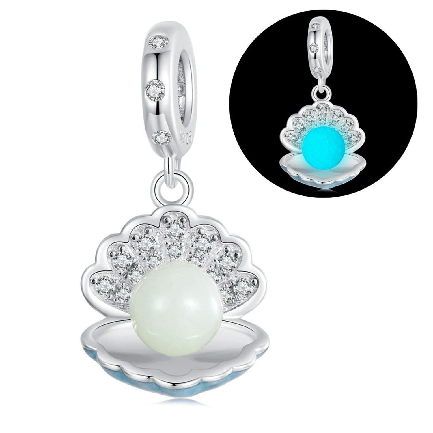MOPUEA Bead Muschel-Leuchtperle Leuchtender Bead Anhänger 925 Sterling Silber (5A Zirkonia Charm Anhänger Pendant für Europäische Armband Halskette, 1-tlg., Schmuck Geschenk für Damen Muschel-Leuchtperle diy Anhänger leuchtet), im Dunkeln Leuchtende Stein Perlen für Gliederarmband und Halskette