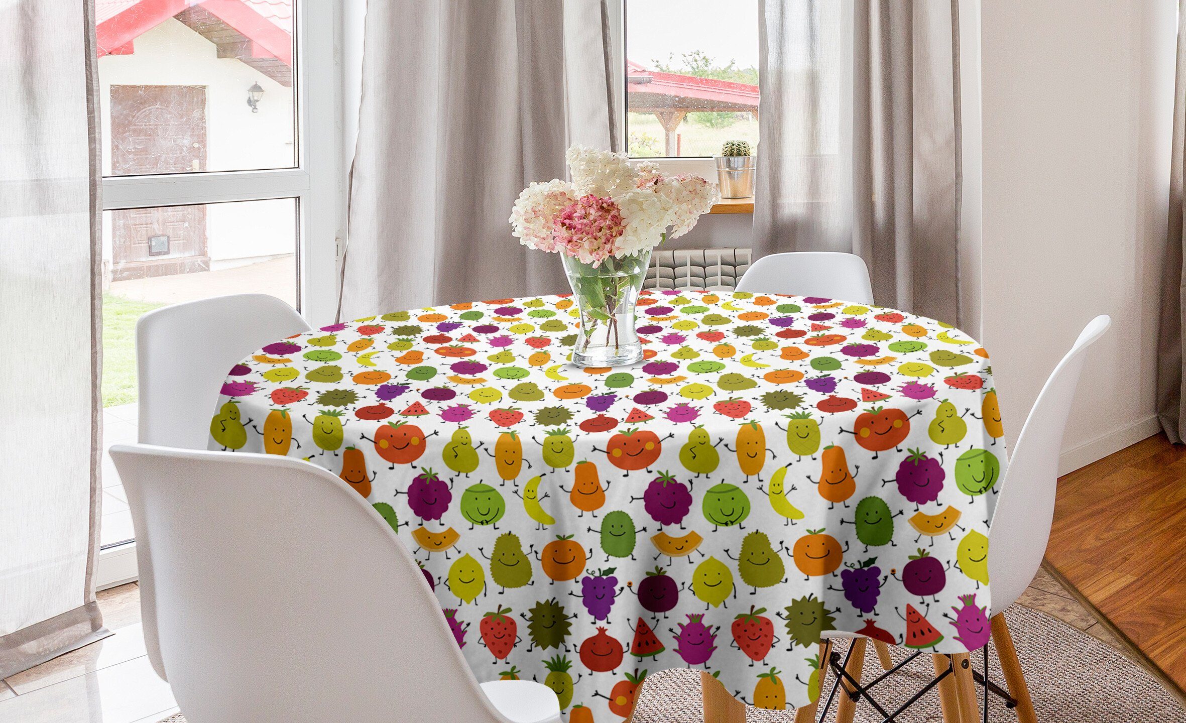 Humanisierte Dekoration, Küche Esszimmer Abdeckung Tischdecke Kreis Tischdecke Komisch Frucht-Zeichen für Abakuhaus
