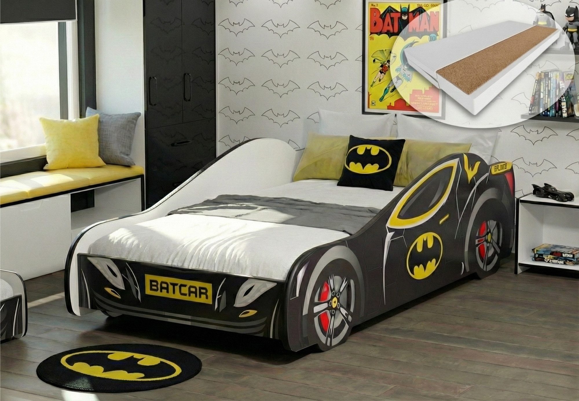 Kids Collective Autobett 70x140 und 80x160 cm Kinderbett Jugendbett mit Rausfallschutz (Spielbett Batman Batmobil Bat Car Auto), Kinderbett 80x160 cm mit Matratze & Lattenrost - für Kinder ab 2 J.
