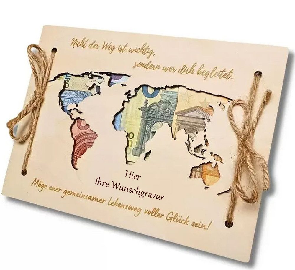 Trollingshop Hochzeitskarte aus Holz, mit Weltkartenmotiv, Geldgeschenkkarte, mit Namensgravur, inklusive Ihrer persönlichen Wunschgravur