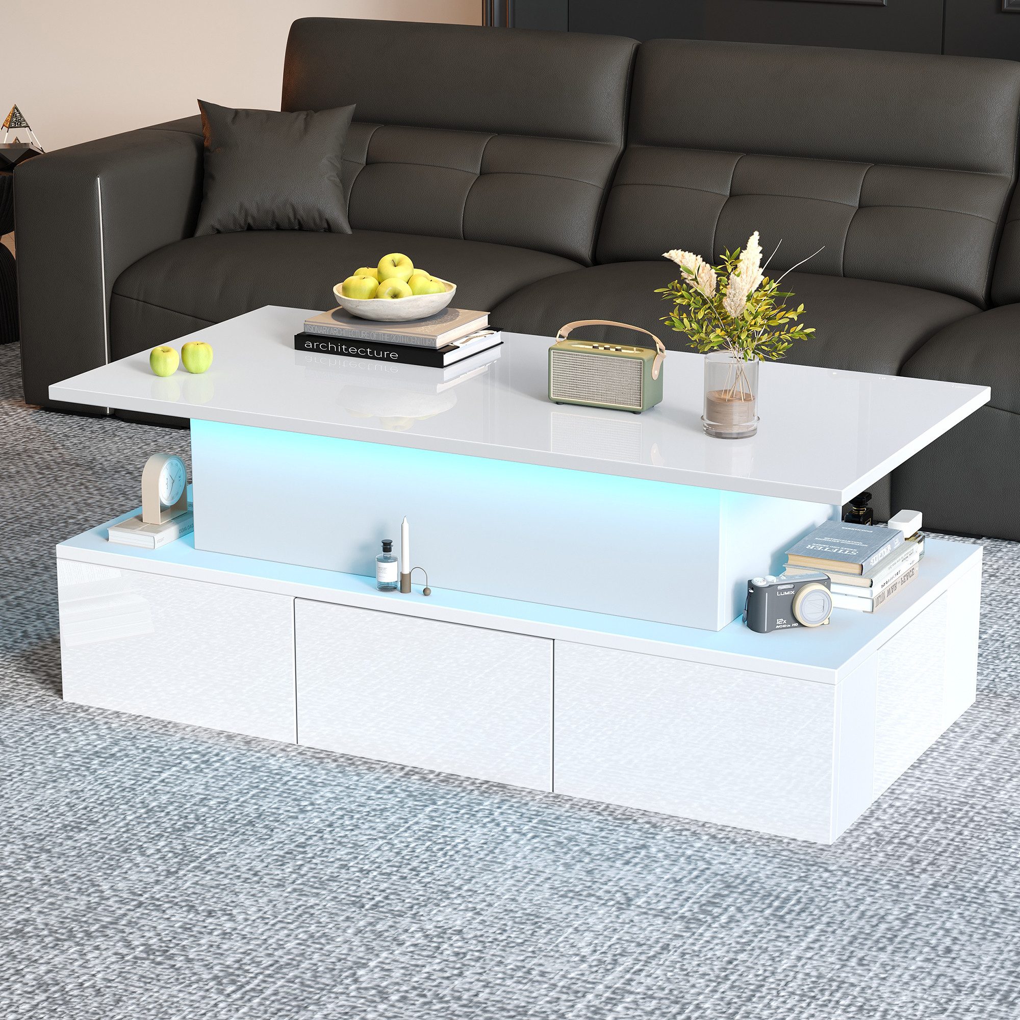 Merax Couchtisch Sofatisch mit LED-Beleuchtung, USB-Anschluss & Hochglanz-Oberfläche (Beistelltisch, 1-St., 100 x 50 x 40 cm), Wohnzimmertisch mit 4 Schubladen, verstecktem Stauraum & Liftfunktion