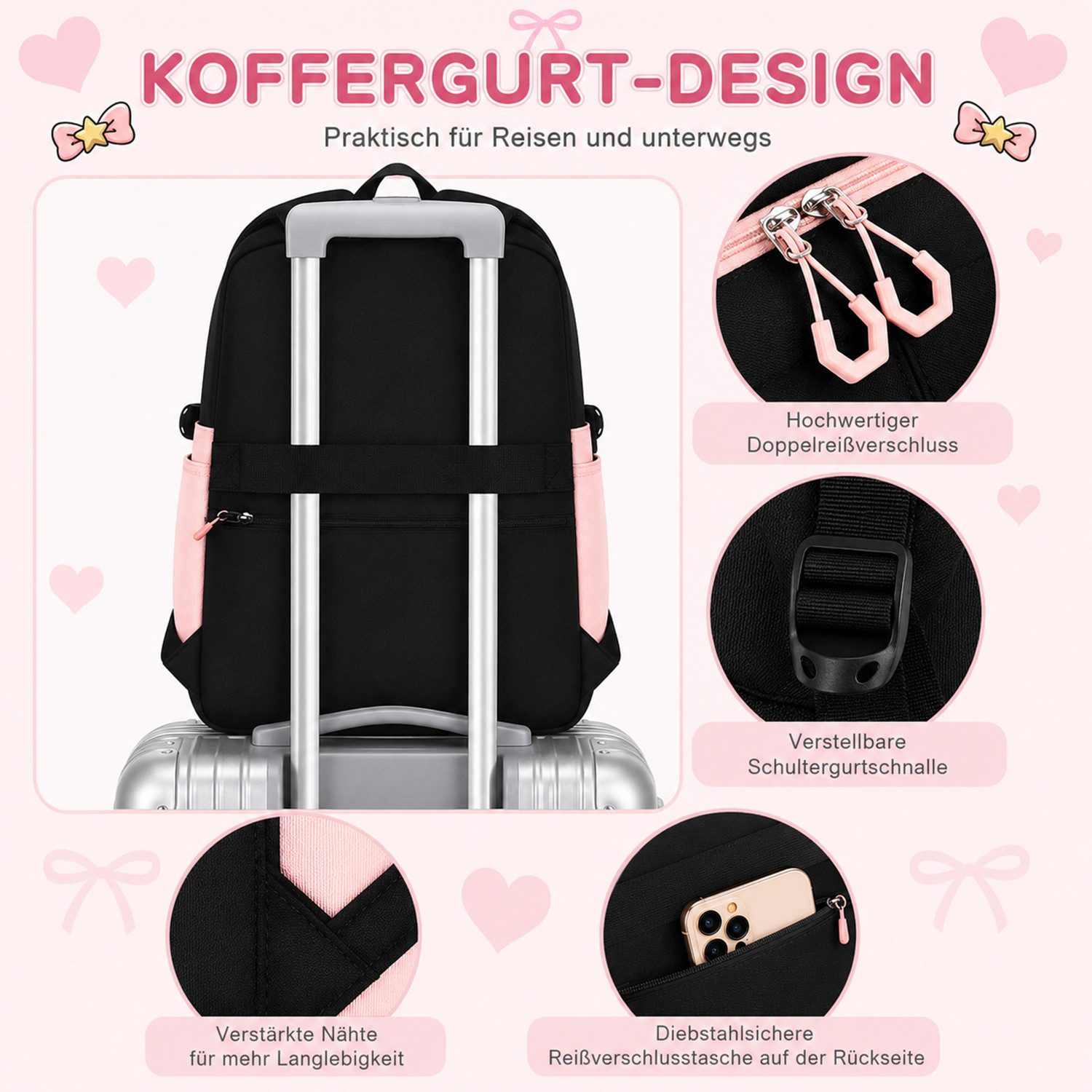 MOPUEA Schulrucksack Schulrucksack Set 3tlg Schulrucksack mit Lunchpaket und Mäppchen (Set, 3-tlg., Leicht Schulrucksack Teenager für Schule, Reisen und Freizei – Bild 4 von 5