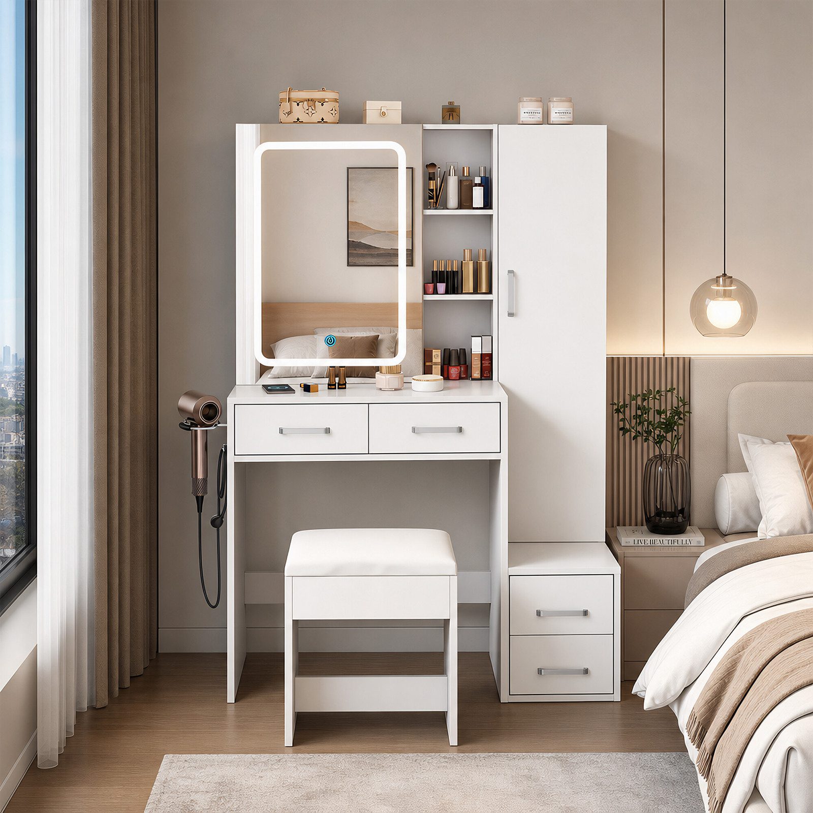 BBWL Schminktisch mit LED-Spiegel, 4 Schubladen & 1 Tür (MDF-Platten, USB-Anschluss), dimmbares Licht, platzsparend & pflegeleicht, mit Hocker