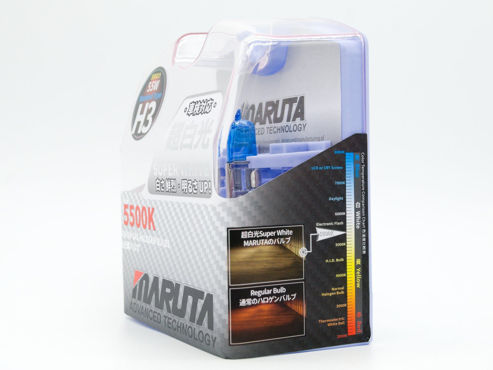MARUTA KFZ-Ersatzleuchte Super White H3, PGJ23t-1, Kaltweiß, 55W 5500K ECE Xenon-Effekt Halogenlampe, Nebelscheinwerfer