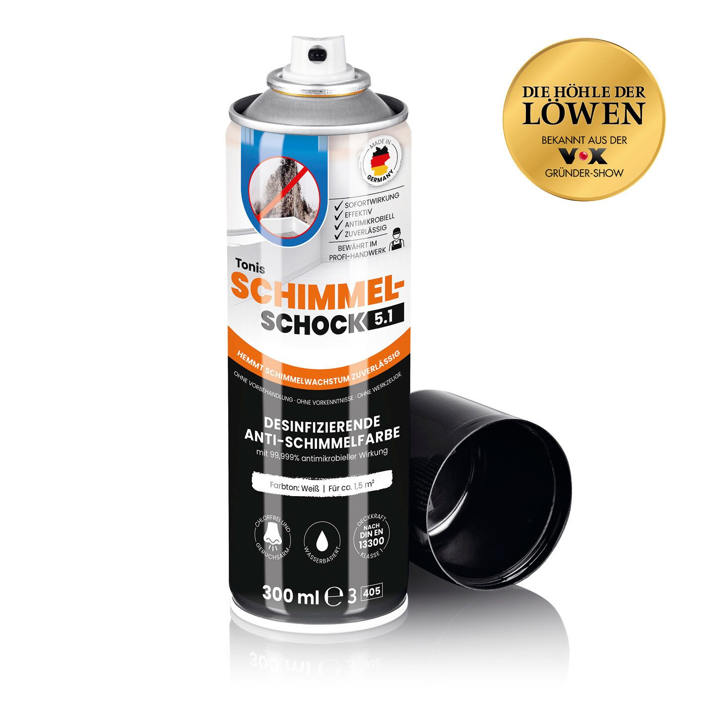 Tonis SCHIMMELSCHOCK Sprühfarbe 5.1 Wandfarbe zur Schimmelbekämpfung für ca. 1,5 qm, Anti-Schimmelfarbe mit wissenschaftlicher Wirksamkeit, 300 ml