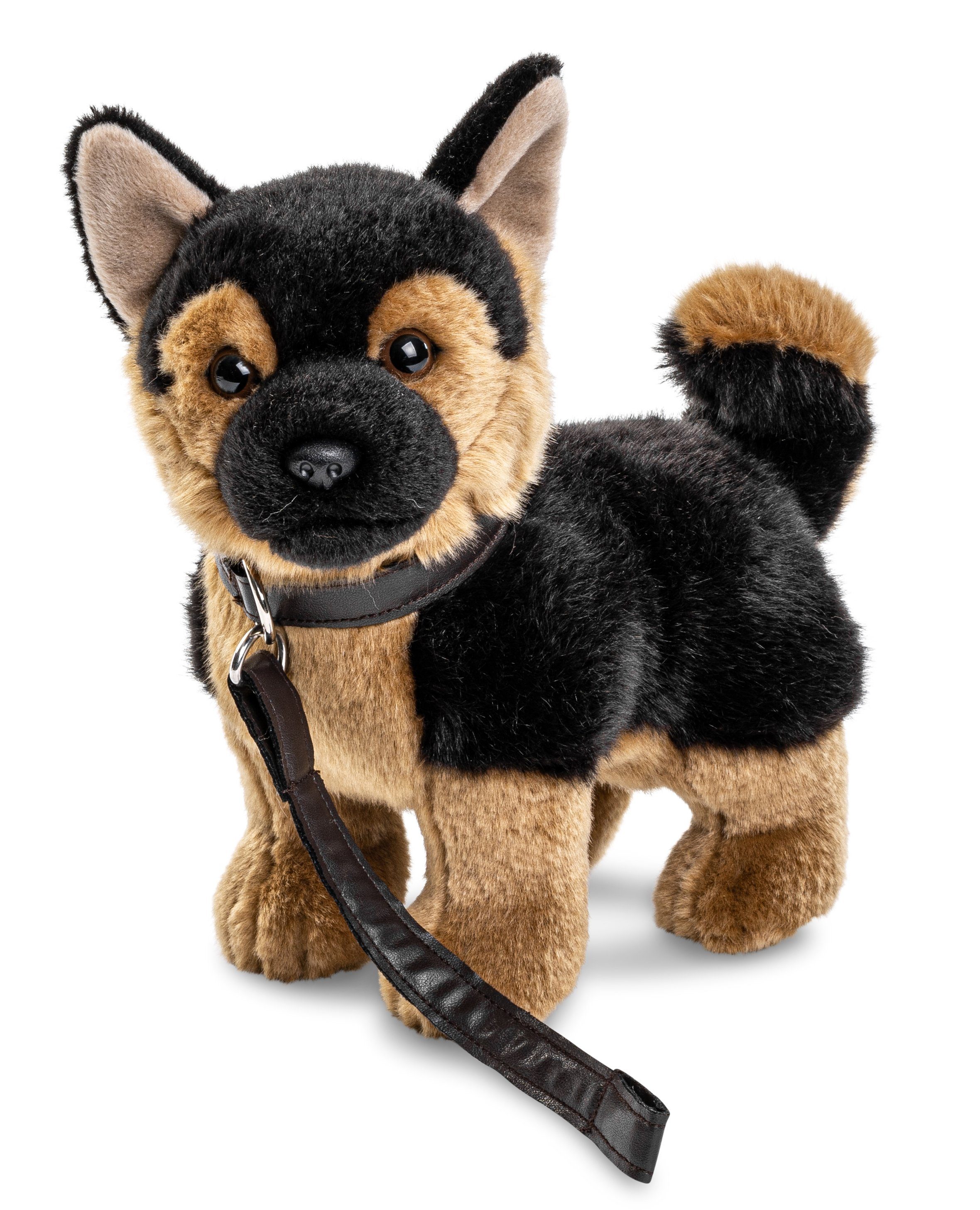 Uni-Toys Kuscheltier Dt. Schäferhund mit Leine, stehend - 27 cm - Plüsch- Hund - Plüschtier, zu 100 % recyceltes Füllmaterial