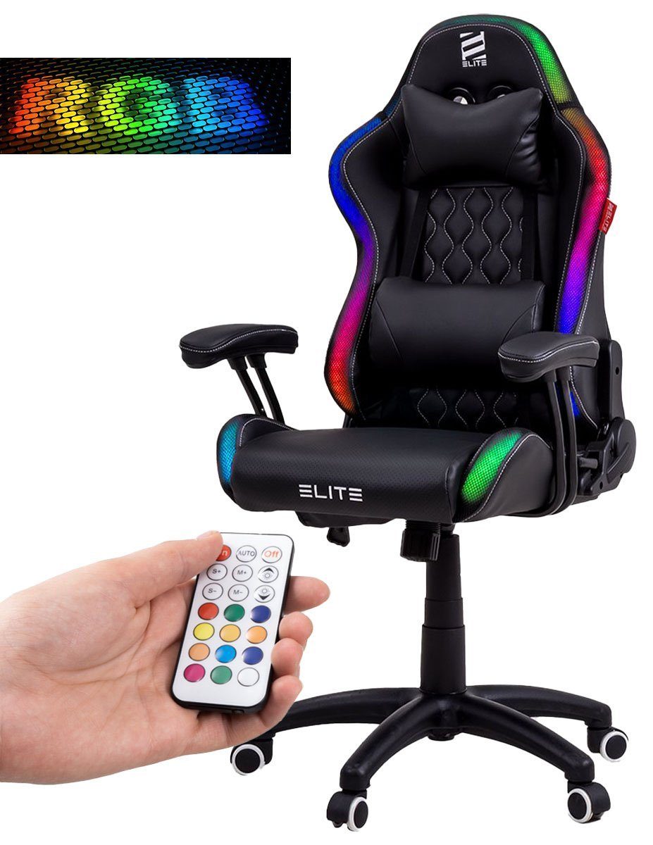 ELITE Gaming Gaming-Stuhl Kinder Bürostuhl Gaming Stuhl PULSE (Ergonomischer Gamingstuhl - Härtegradeinstellung - höhenverstellbar - gepolsterte Sitzfläche/Kopfstütze - RGB-Beleuchtung - 3D-Armstützen - bis 120 kg - klappbare Rückenlehne - große Sitzfläche - Erwachsene/Jugendliche/Kinder - Home Office, 1 St), Gaming Chair - Computerstuhl - Racingstuhl - Zockerstuhl - Bürostuhl Schwarz/Weiß RGB