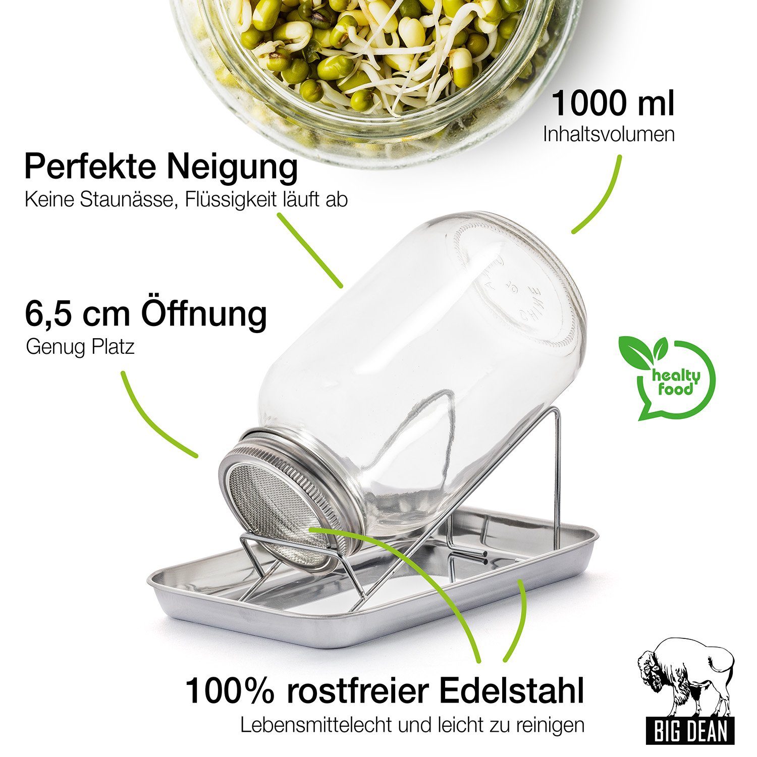 BigDean Anzuchttopf Sprossenglas Keimglas 1000ml mit Edelstahl-Gitterdeckel + Ständer (Set, 1 St., Sprossengläser), Sprossenglas, Leichte Anwendung, Gesunde Ern – Bild 3 von 5