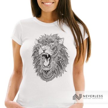 Neverless Print-Shirt Damen T-Shirt Löwe Mandala Atzekenmuster Boho Atzec Federn Ethno Lion Neverless® mit Print