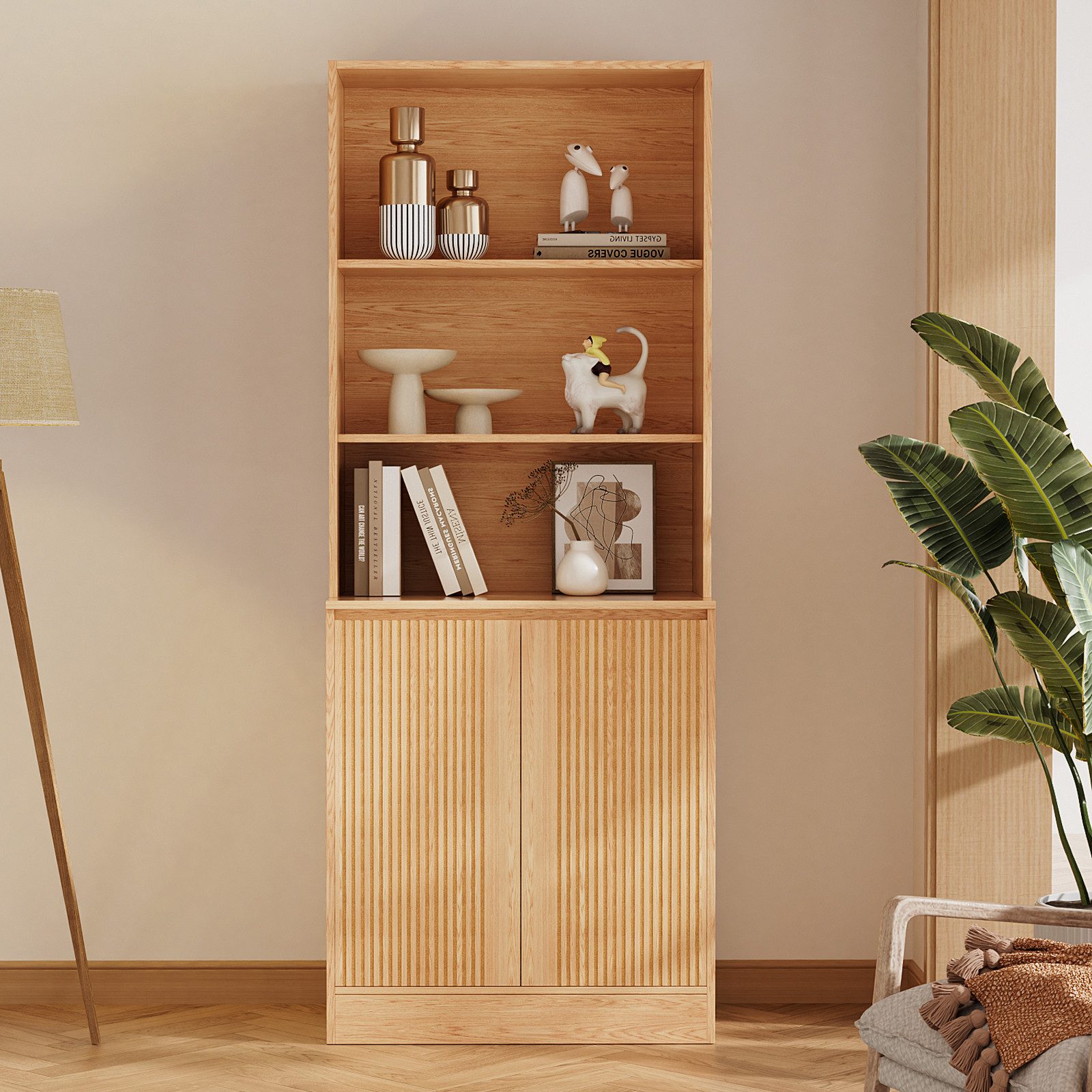 VOWNER Bücherregal 5-stöckig mit 2 Holztüren, 180 cm hoher Standregal mit offenen Fächern, 1-tlg., Mehrzweckschrank, Wohnzimmerschrank, Küchenregal, Sideboard
