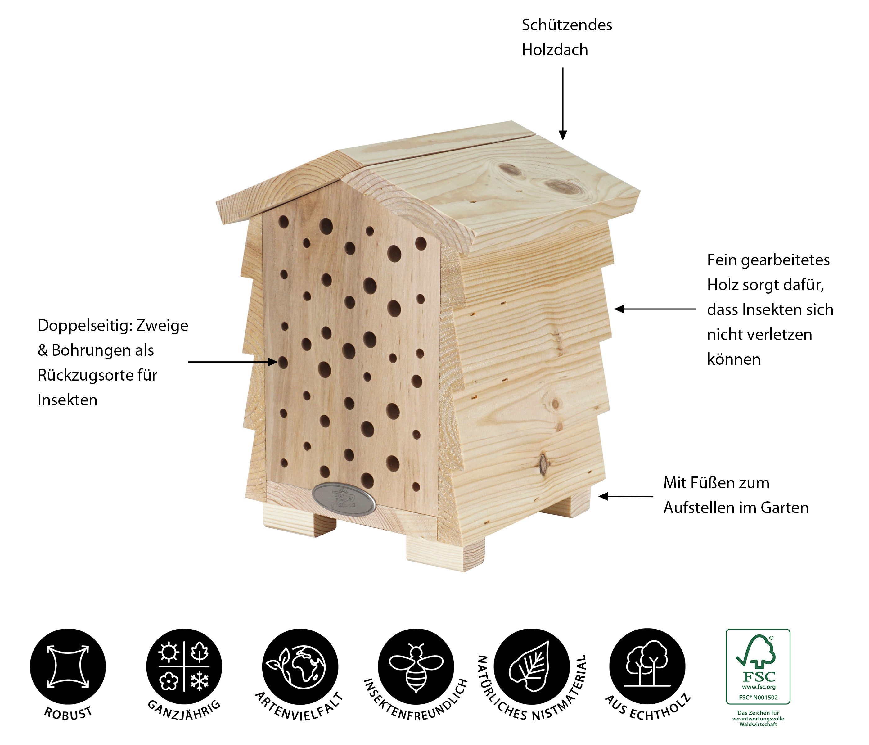 Dehner Insektenhotel Natura Insektenhotel Hostilia, 19 x 19 x 25 cm, Kiefer, doppelseitig, schützt gefährdete Bestäuber