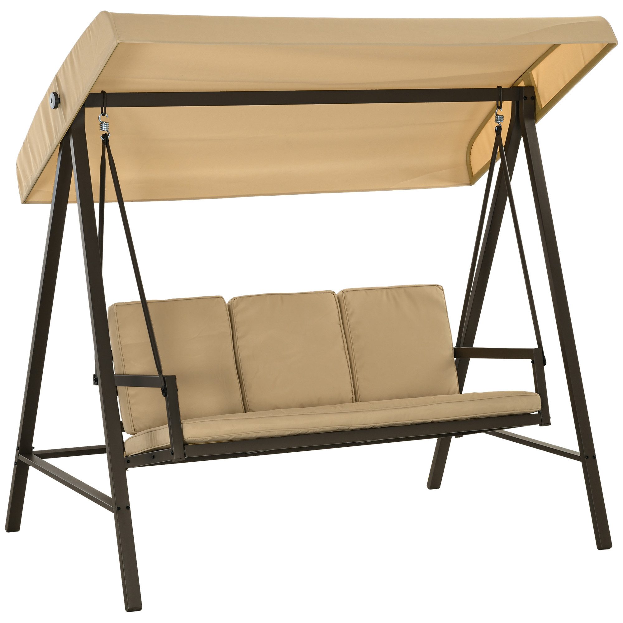 Outsunny Hollywoodschaukel Schaukelbank mit Verstellbarem Dach, Rückenkissen, 3-Sitzer, mehrfach verstellbares Dach, Gartenschaukel, 1 tlg., Schwingbank, bis 360 kg Belastbar, Beige, 200 x 125 x 175 cm