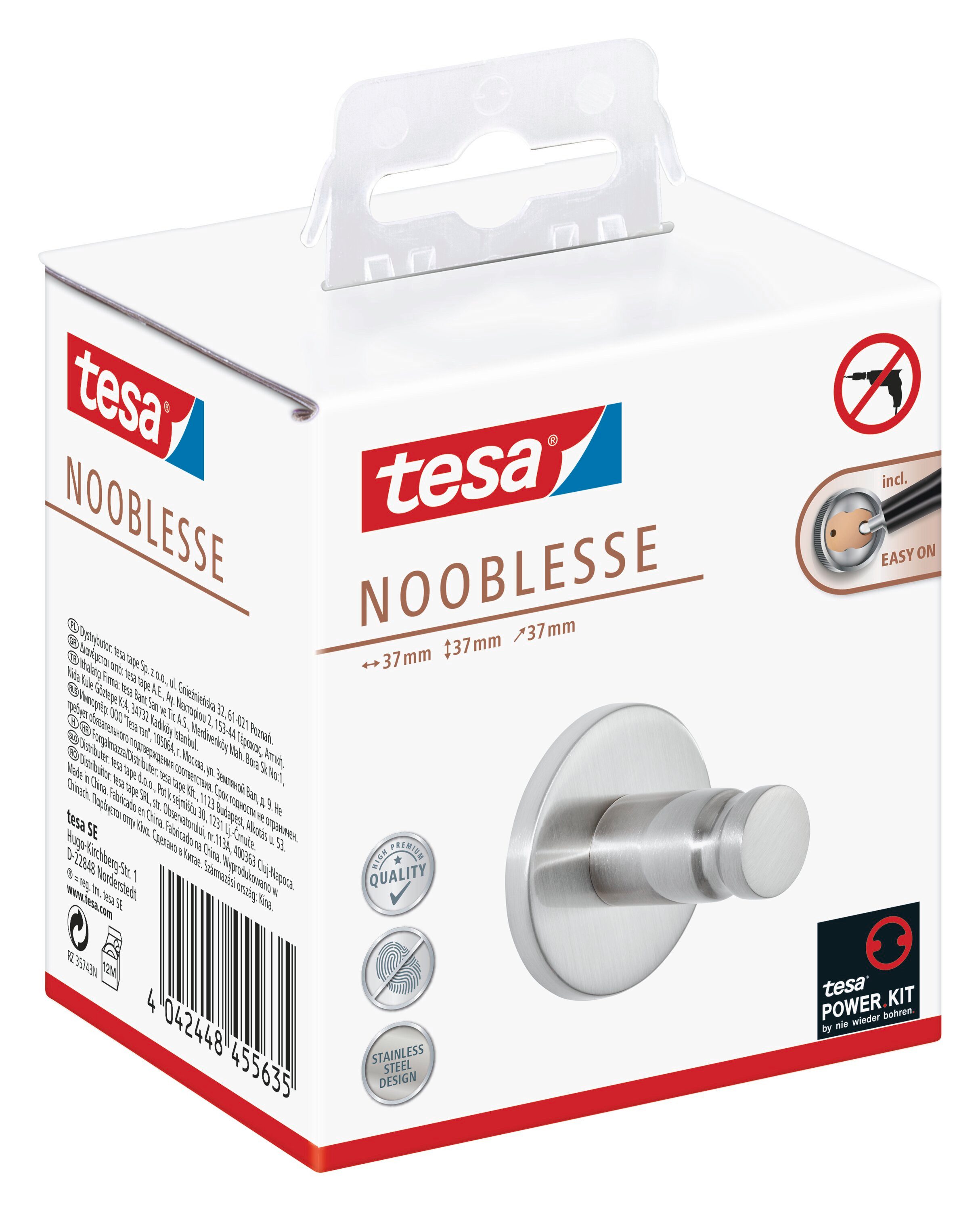 tesa Handtuchhaken 1x tesa Nooblesse Handtuchhaken, Badezimmer, Gäste-WC, Wandmontage, (Komplett-Set, 2-St., inkl. Klebelösung), edelstahl 3,7 cm : 3,7 cm : 3,7 cm