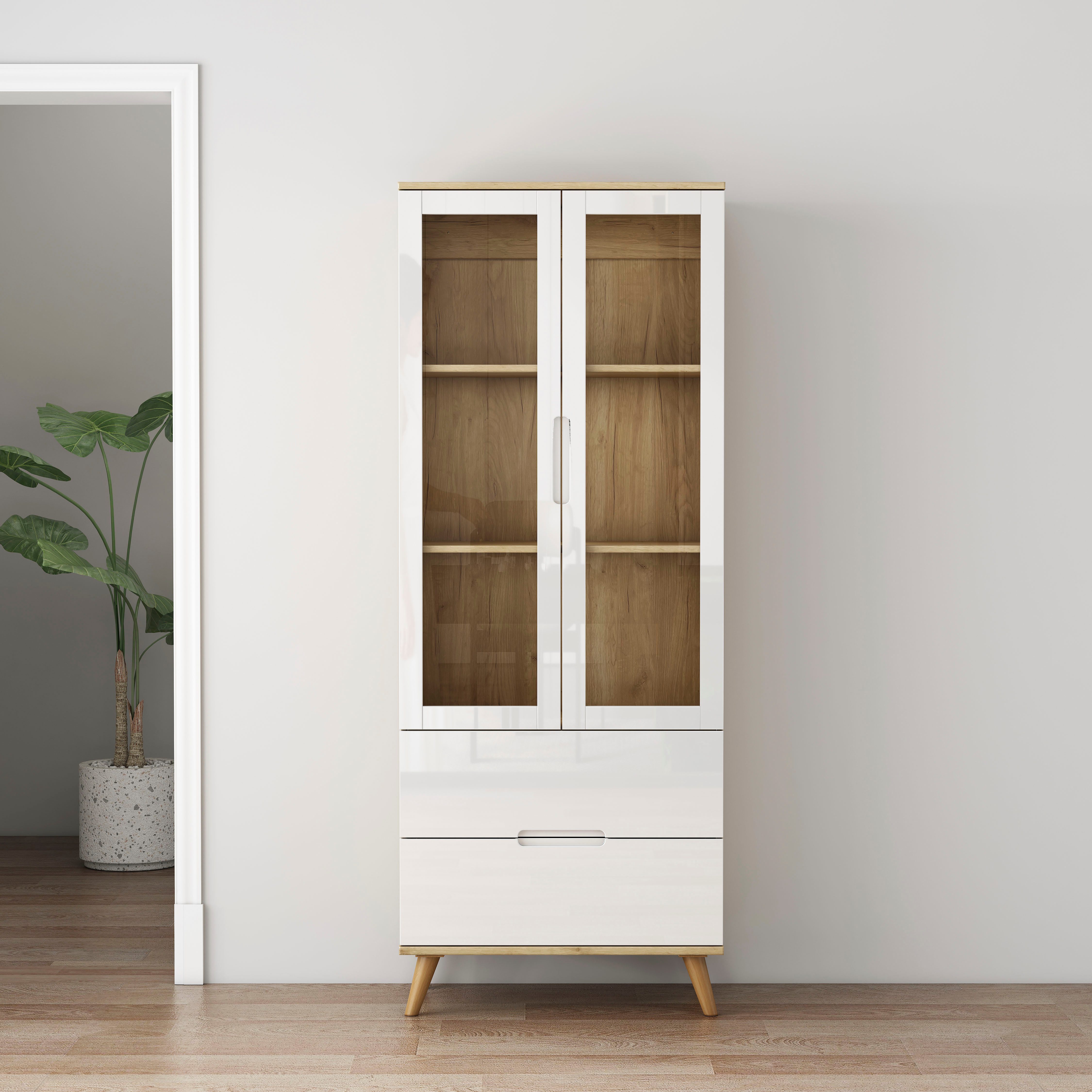 OTTO home Highboard, mit glänzenden Fronten, Glastüren, helles Holzdekor, Breite 70 cm