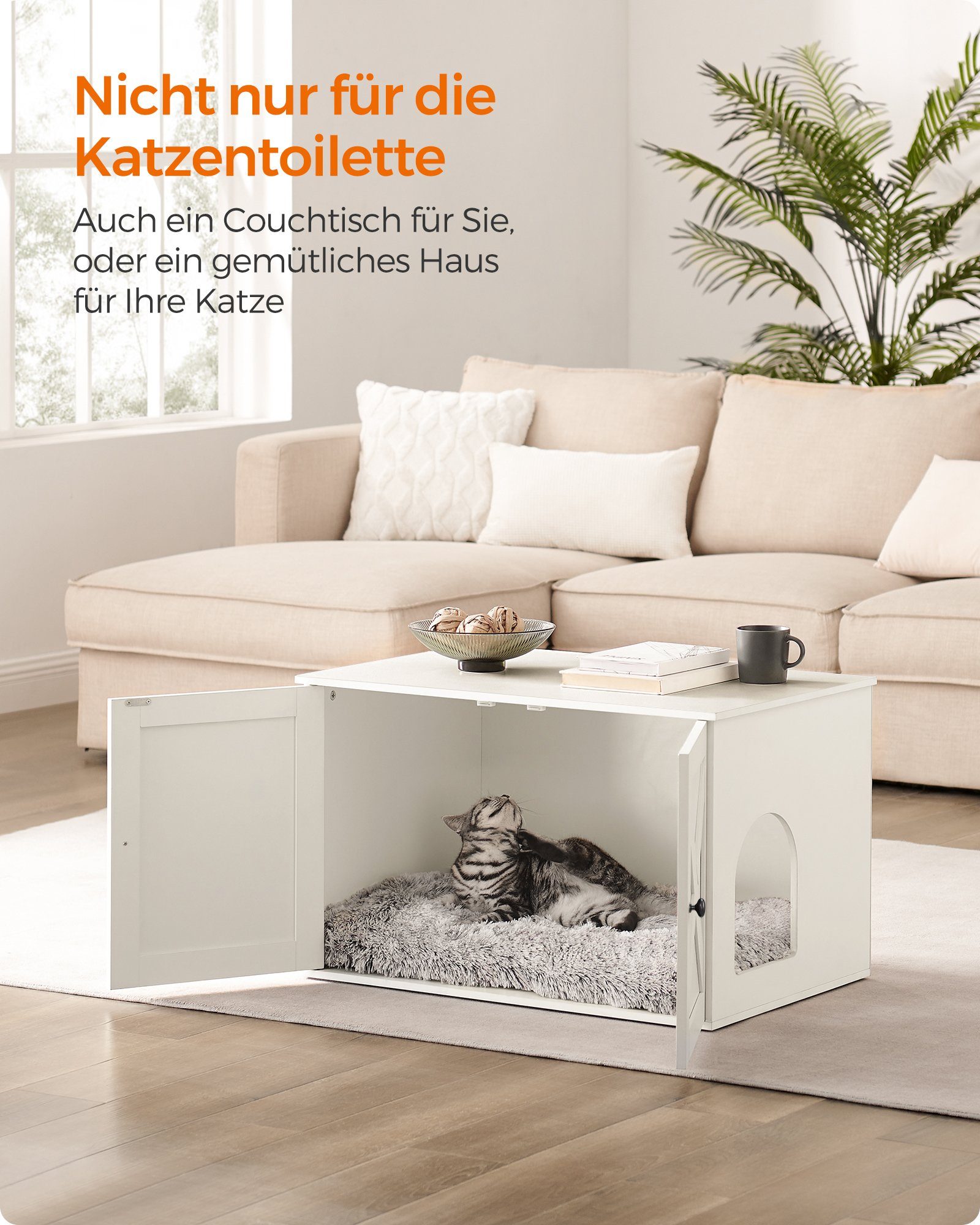 FEANDREA Katzentoilette Katzenhaus, Katzenklo-Schrank, mit Herausnehmbarer Trennwand, Tisch