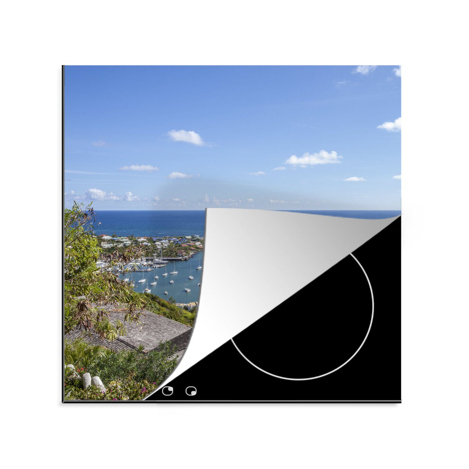 MuchoWow Herdblende-/Abdeckplatte Hafen von Saint Martin, Vinyl, (1 tlg), 78x78 cm, Ceranfeldabdeckung, Arbeitsplatte für küche