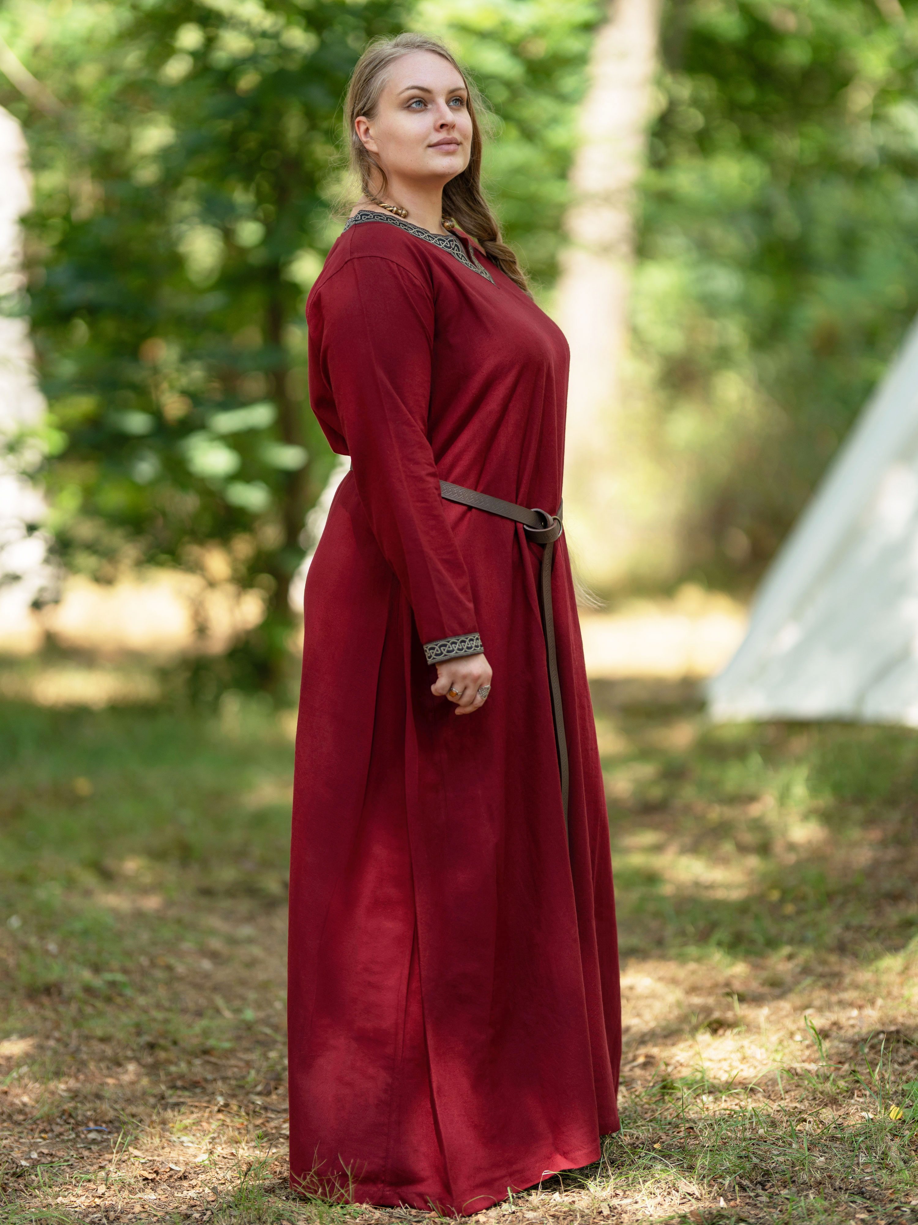 Vehi Mercatus Burgfräulein-Kostüm Mittelalter Kleid langarm Rot, mit Borte "Sigyn"