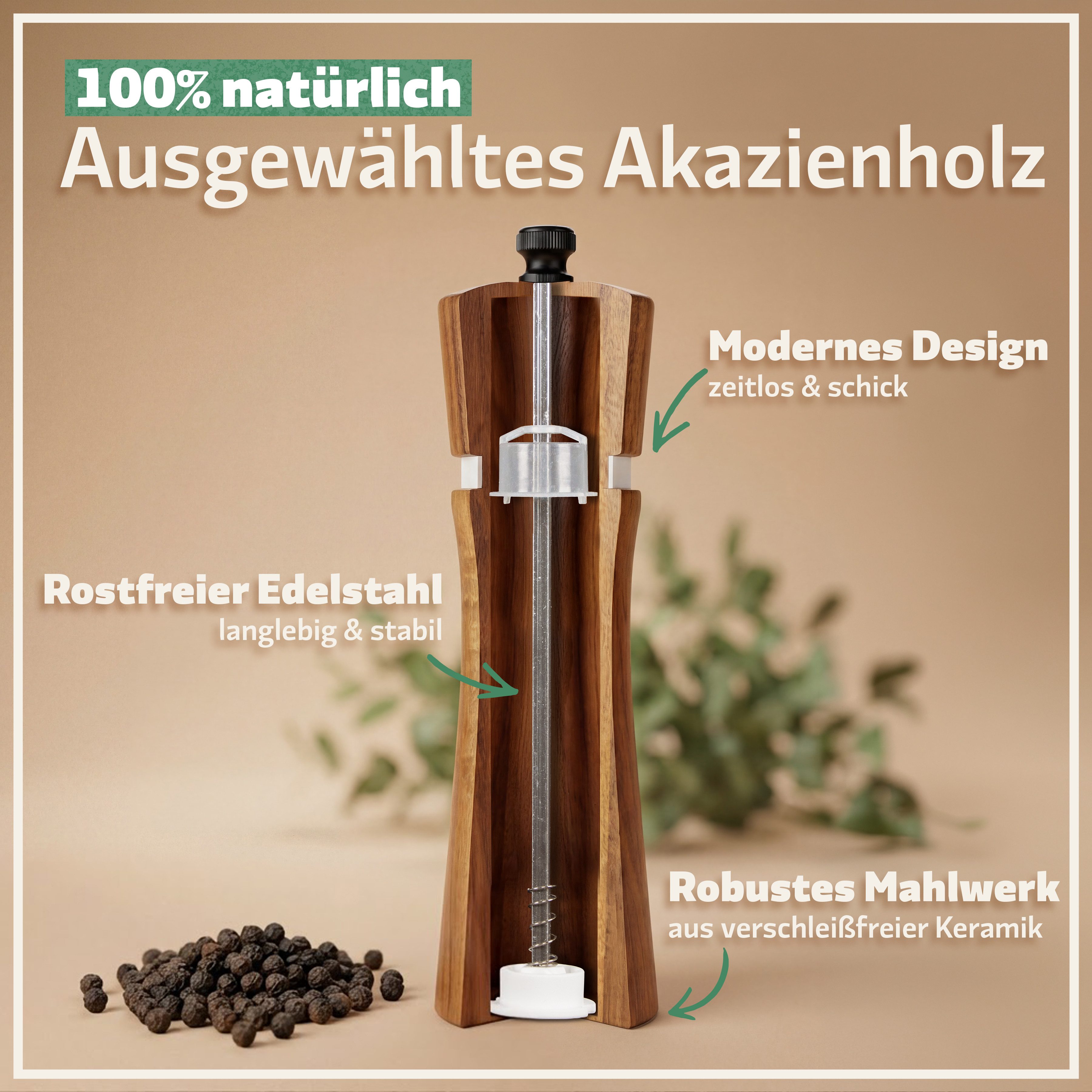 Bambuna Salz-/Pfeffermühle Pfeffermühlen Set aus Holz, Große Gewürzmühlen (22cm) aus Akazienholz manuell, Precision+ Keramikmahlwerk, hochwertige Geschenk- Box  – Bild 3 von 5