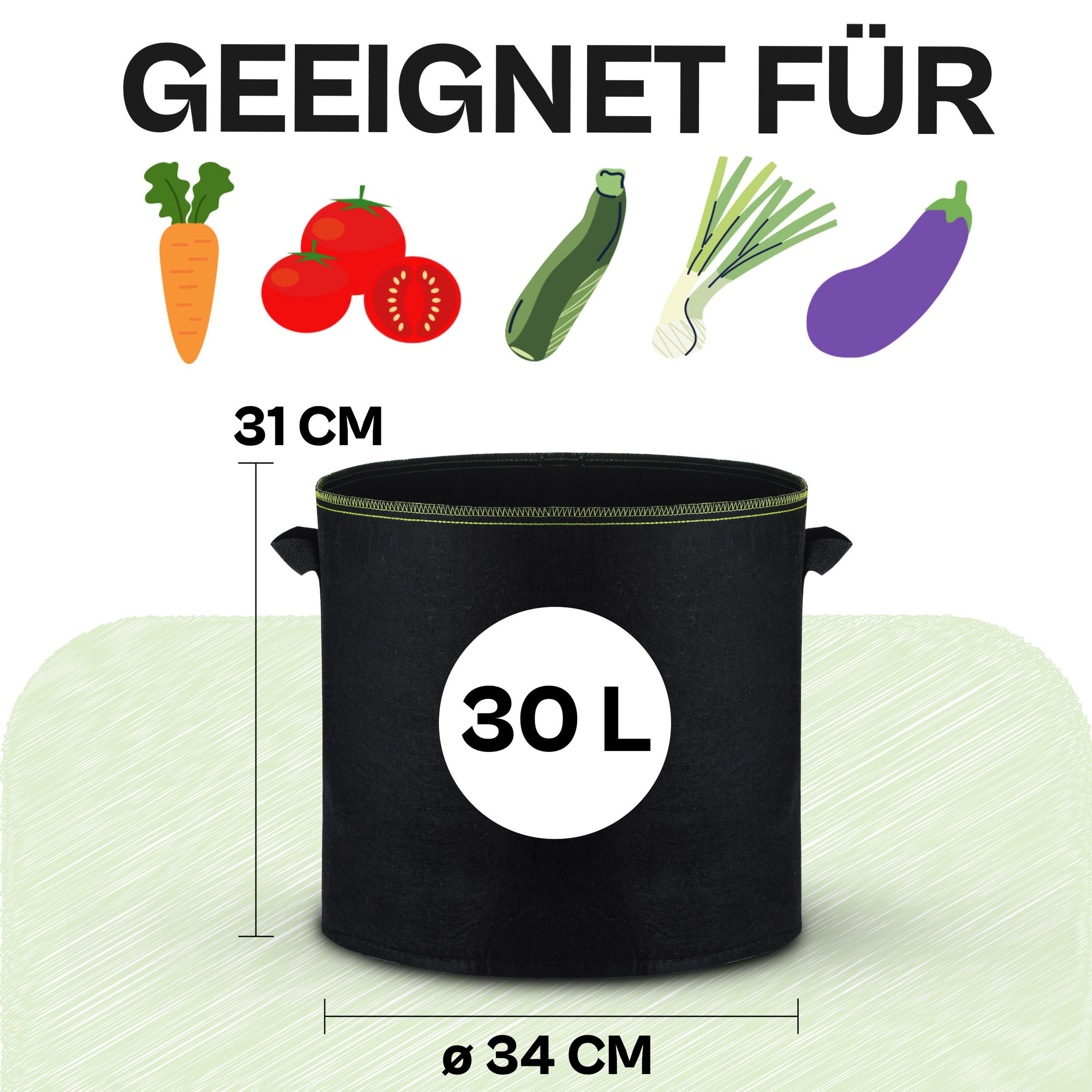 Praknu Pflanzkübel Pflanzsack 30l - 5 STK aus Vliesstoff mit 5 Schilder zum Beschriften (5er Set, 5 St), mit Griff - Für Gemüse, Pflanzen & Blumen - Stofftöpfe - Grow Töpfe