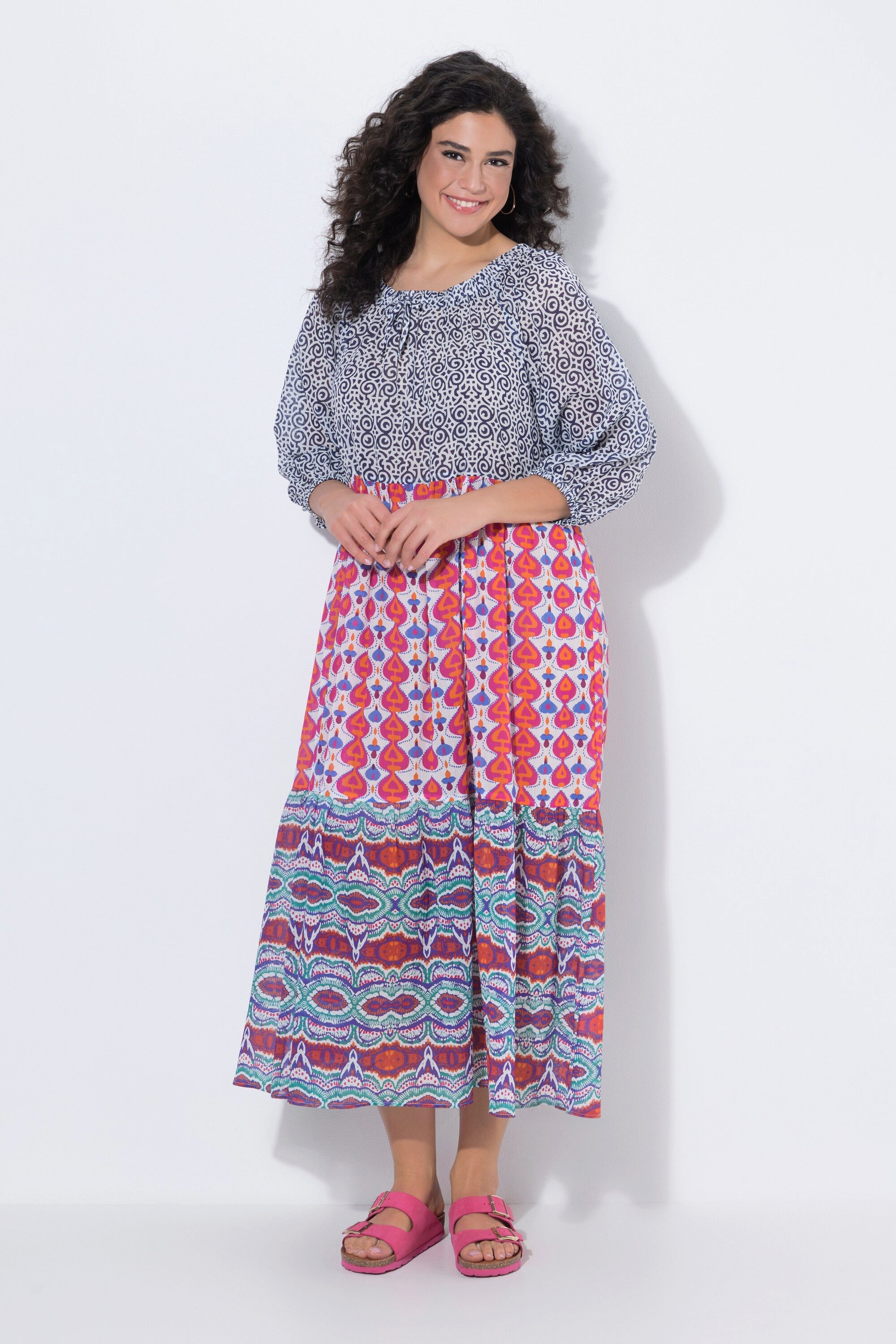 Ulla Popken Maxikleid Maxikleid Boho-Style A-Linie Rundhals 3/4-Arm