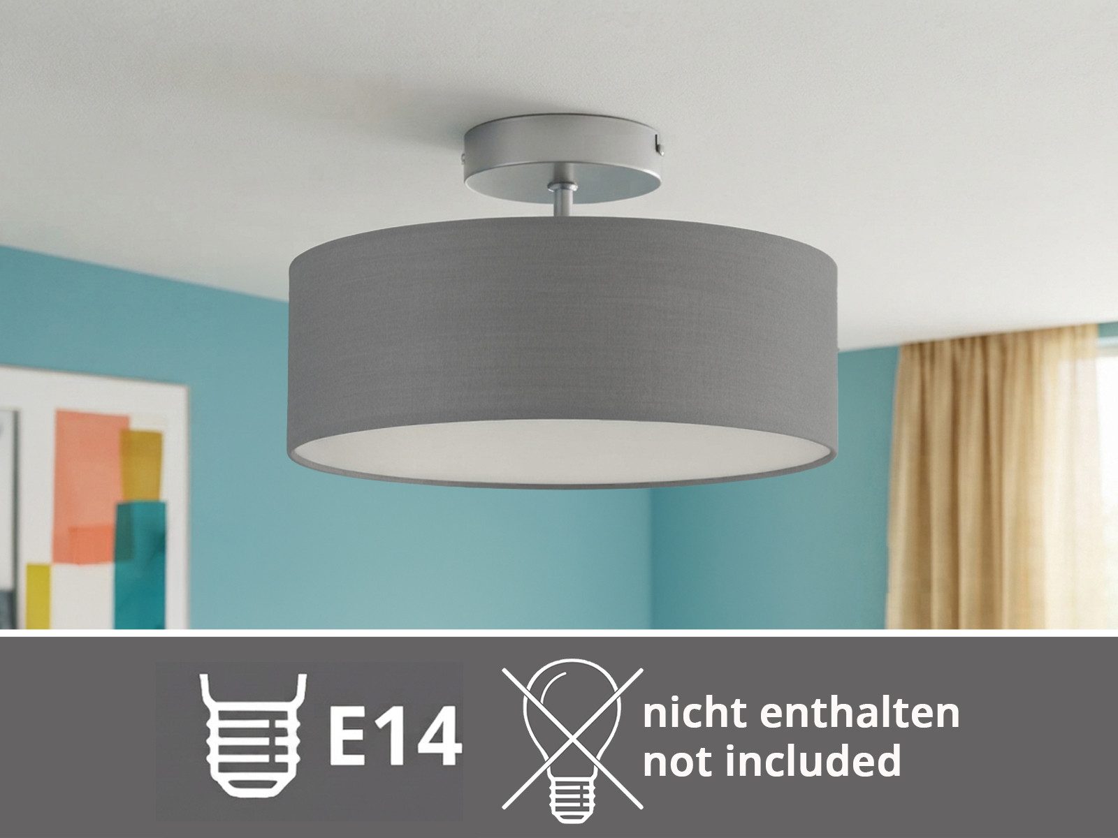 meineWunschleuchte Deckenleuchte mit Stoff Lampenschirm Grau Ø 30cm, ohne Leuchtmittel, kleine Stoff-Lampe, gemütliche Deckenlampe, E14 Schlafzimmerlampe – Bild 5 von 5