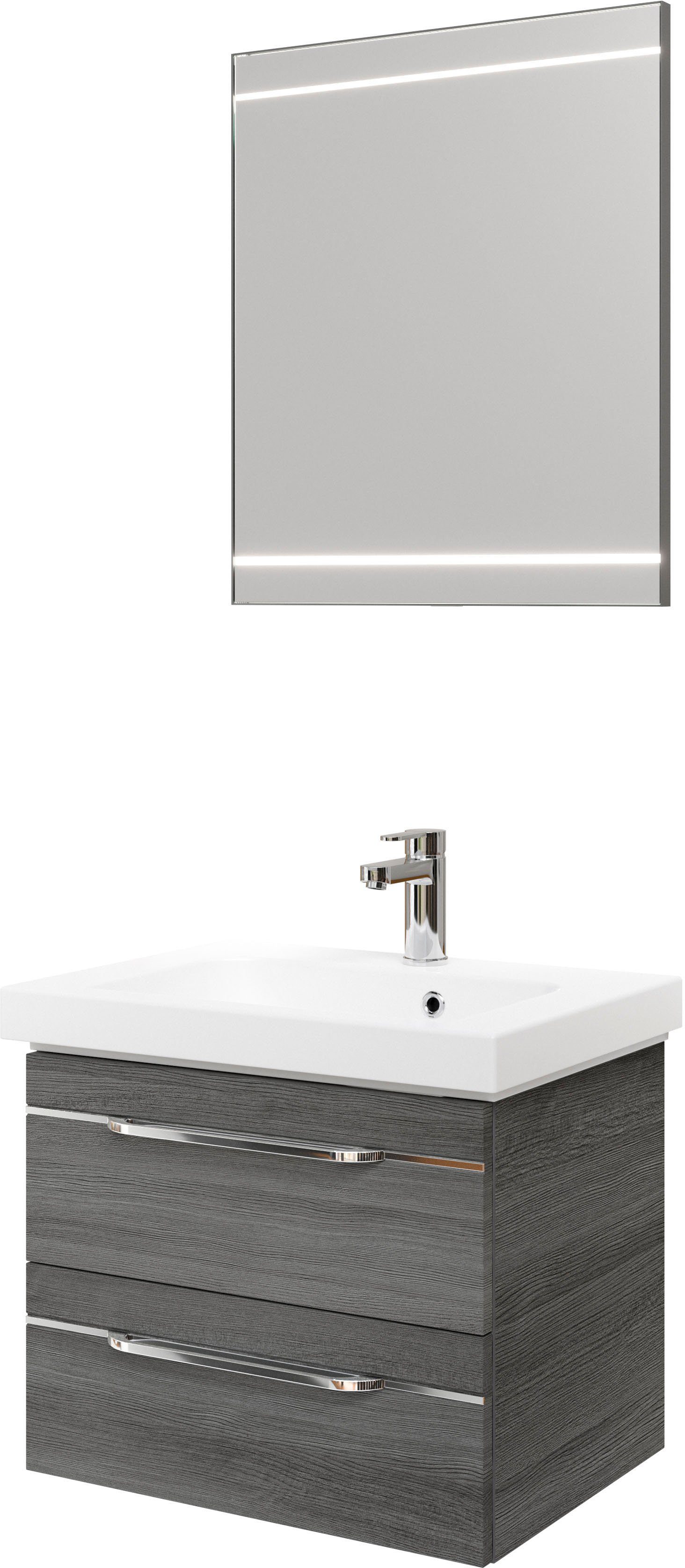 Saphir Badmöbel-Set Balto 2-teilig Mineralmarmor-Waschtisch mit LED-Spiegel, Waschplatz, (2-St), 64,4 cm breit, mit 2 Schubladen, Badschrank inkl. Schubladendämpfer
