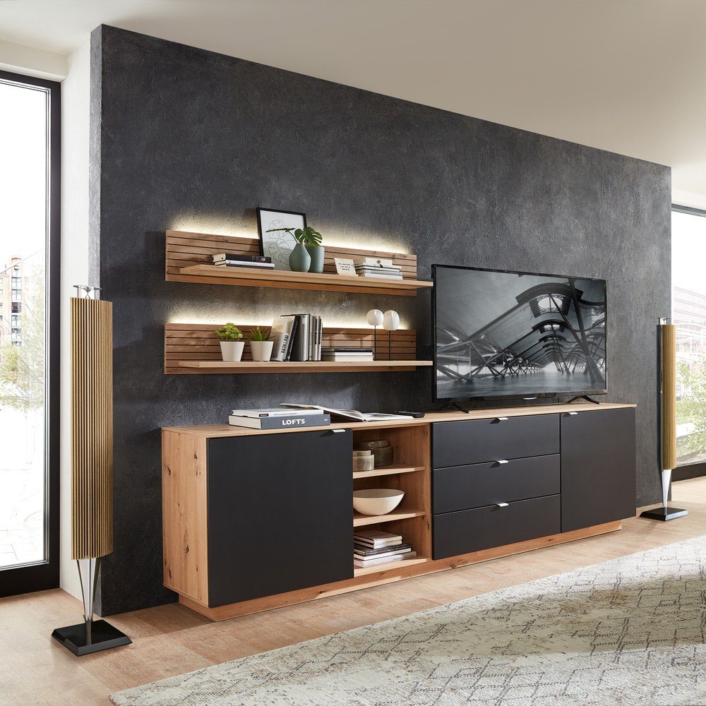 Lomadox Wohnwand CUST-36, (3-St., 3-tlg), Set mit 2 Wandboards weiß mit schwarz 240 cm, Wohnwand, Fernsehschrank