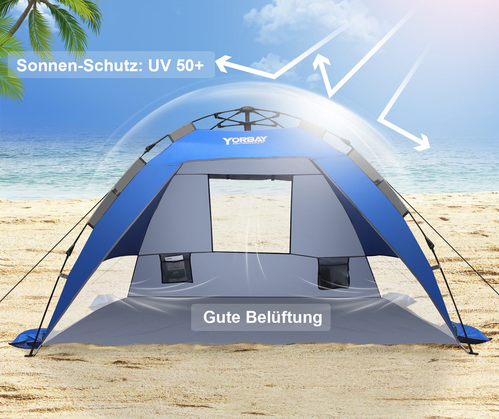 Yorbay Strandmuschel Automatik-Strandzelt Campingzelt mit UV-Schutz 50+ für 2-3 Personen, (mit Heringen, Sandtasche und Tragetasche), schnell aufbauend für Strand, Garten, Camping, Anglen, Outdoors