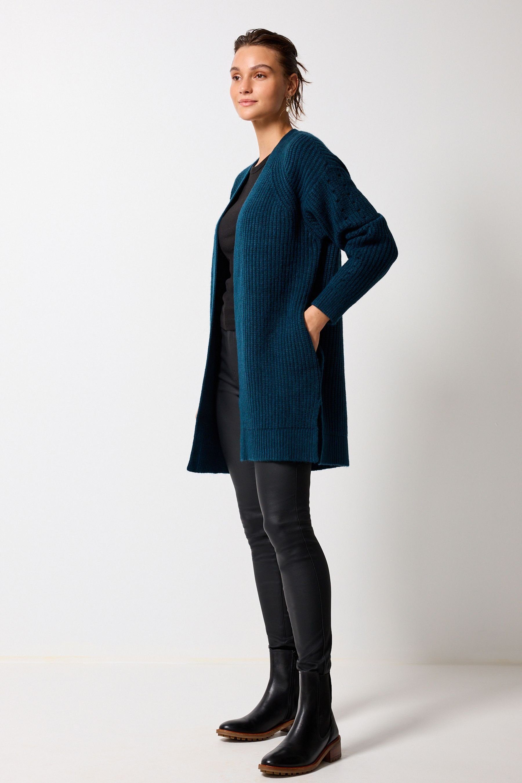 Lange, gerippte, (1-tlg) verschlusslose Teal Strickjacke Longstrickjacke Blue Next