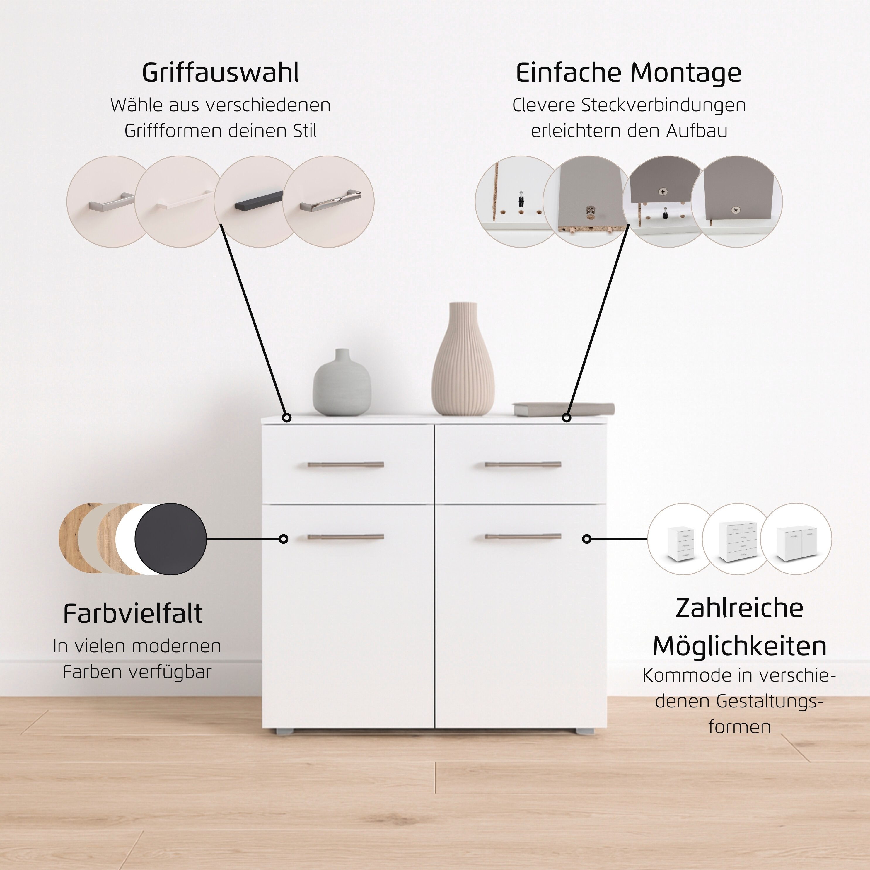 rauch Kommode Gamma (Breite 80 cm / Höhe 81 cm, verschiedene Griffvarianten/-Farben), mit zwei Türen und zwei geräumigen Schubladen MADE IN GERMANY