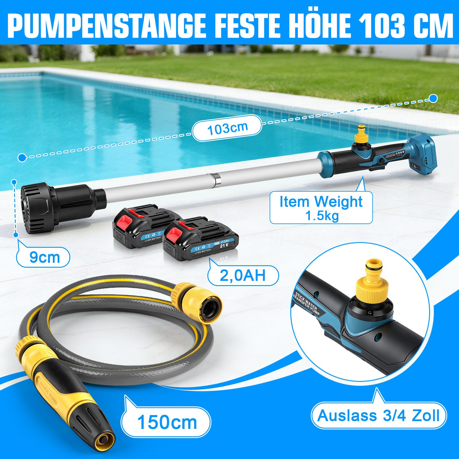 XERSEK Regenfasspumpe 3000L/h Wasserpumpe mit Gartensprühdüse Kabellose Stab-Transferpumpe (Fasspumpe mit 2×2.0Ah Akku 18V), für Pool/Garten/Teich/Wohnmobil/Boot