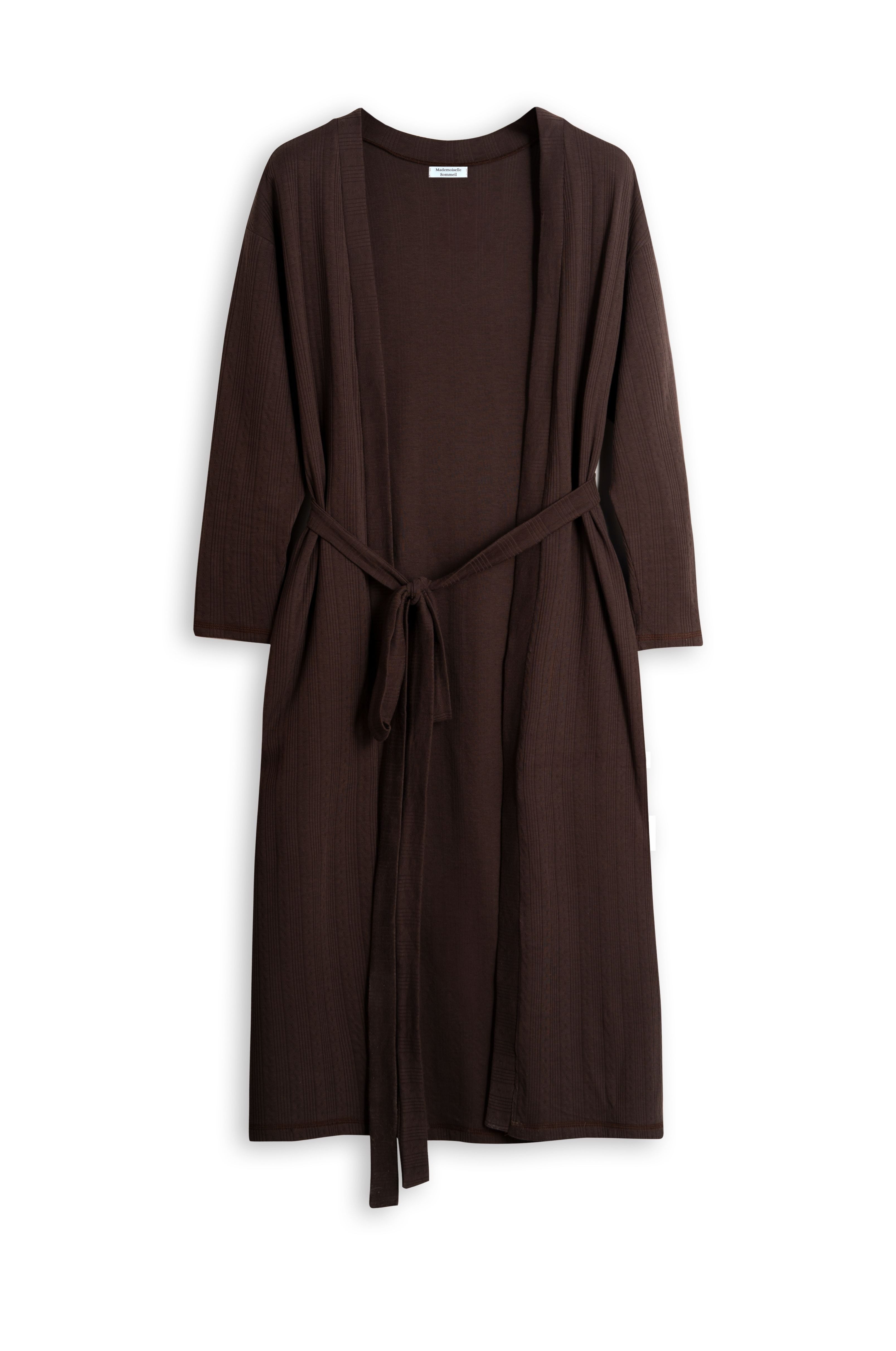 Mademoiselle Sommeil Morgenmantel aus Pointelle-Strick in Dunkelbraun, Bindegürtel, Taschen, Kimono-Kragen, Bindegürtel, aus 100% Baumwolle, gefertigt in Polen
