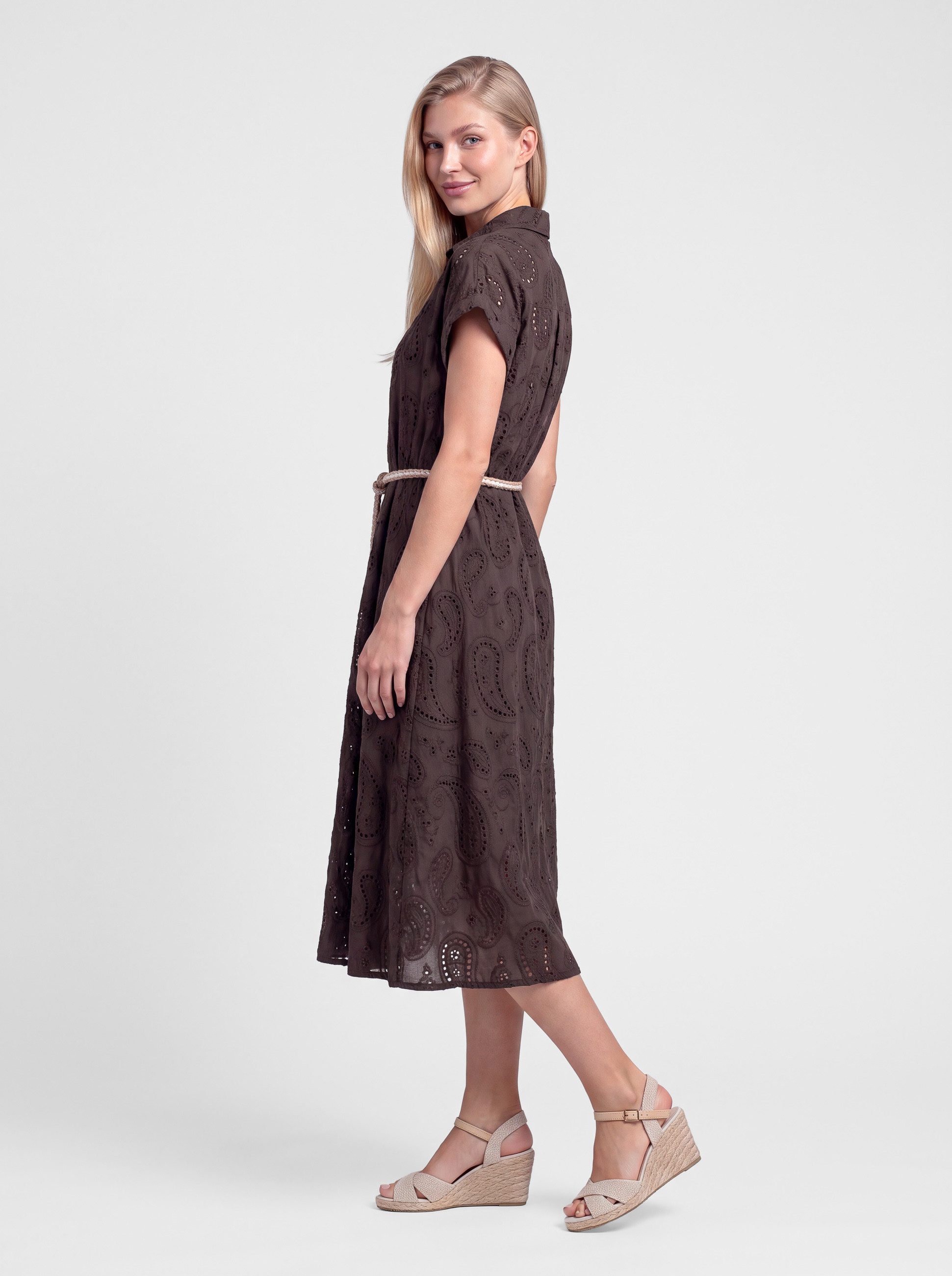 PEKIVESSA Sommerkleid Hemdblusenkleid mit Lochstickerei und Gürtel in Midilänge