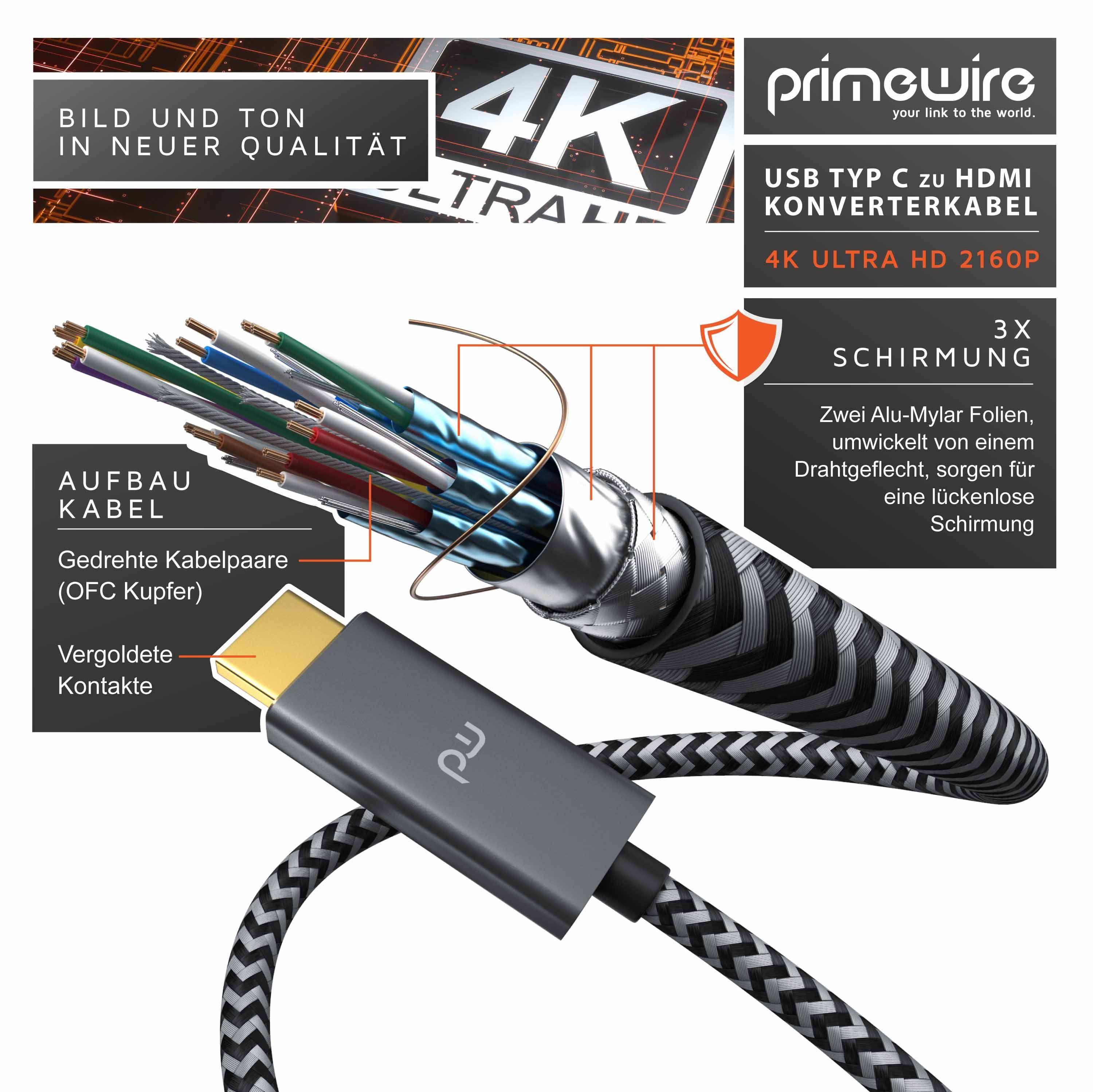 Primewire Audio- & Video-Kabel, USB-C, HDMI Typ A (300 cm), USB Typ C zu HDMI Konverterkabel Adapterkabel 4K 3840 x 2160 @60Hz, 3m