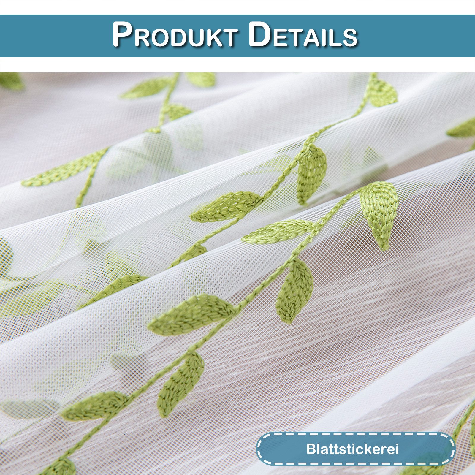 Sunicol Vorhang 2er Set Rankenblatt Bestickt Transparente Gardine Voile für Wohnzimmer, Outdoor Vorhang für Pavillon Terrasse Balkon – Bild 5 von 5