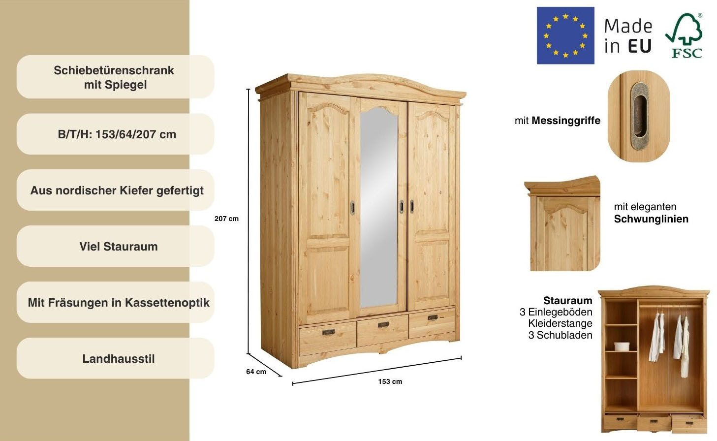 OTTO home Schiebetürenschrank Konrad, Landhausstil, rustikal, mit Schubladen + Spiegel, Kassetten (3 Breiten: 153/202/249 cm H/T ca.207/64 cm) massive Kiefer, FSC®-zertifiziert, Messinggriffe, mehrere Varianten