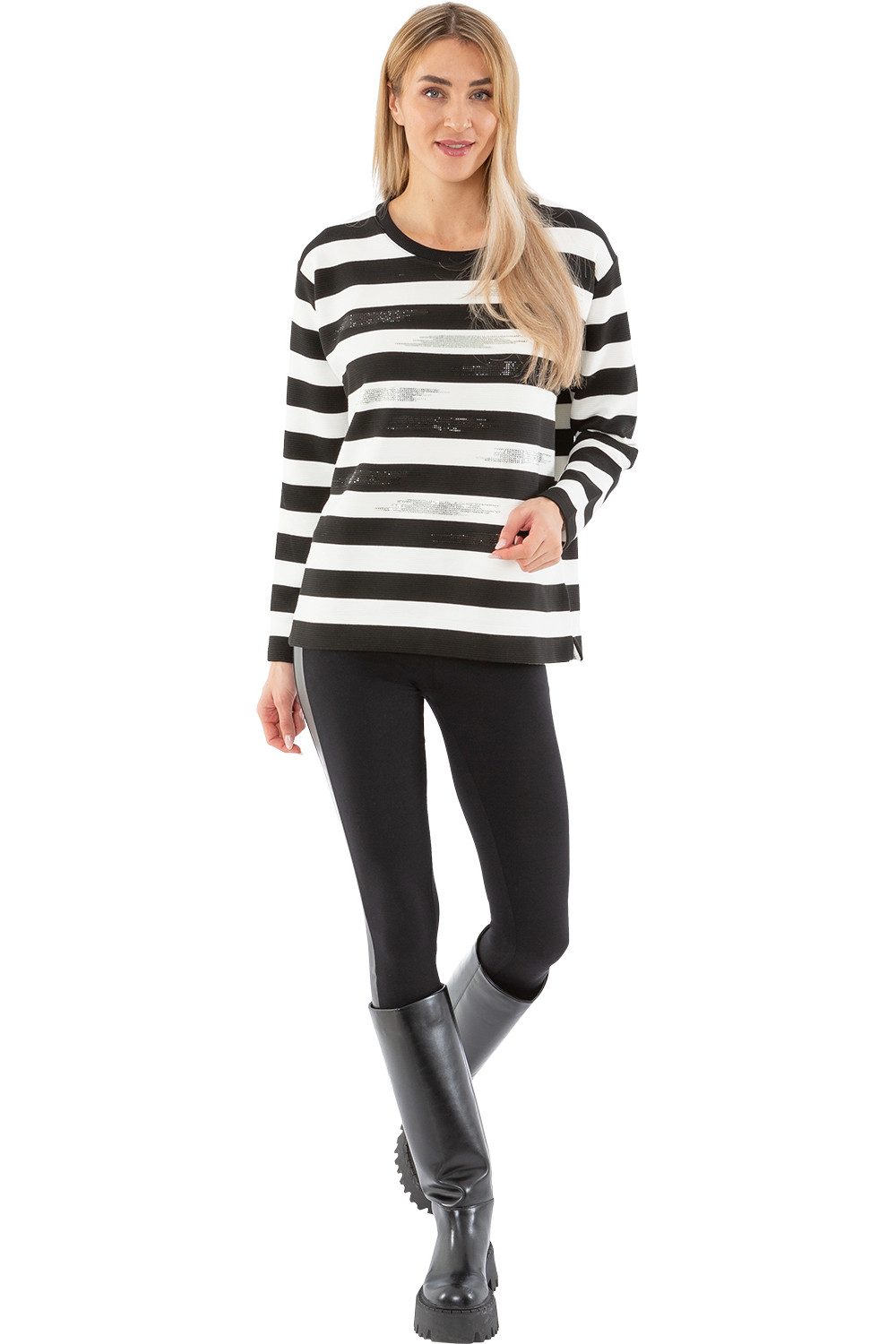 Rundhalspullover 193-7107, Estefania for woman Pullover Ottoman Ripp mit Strass