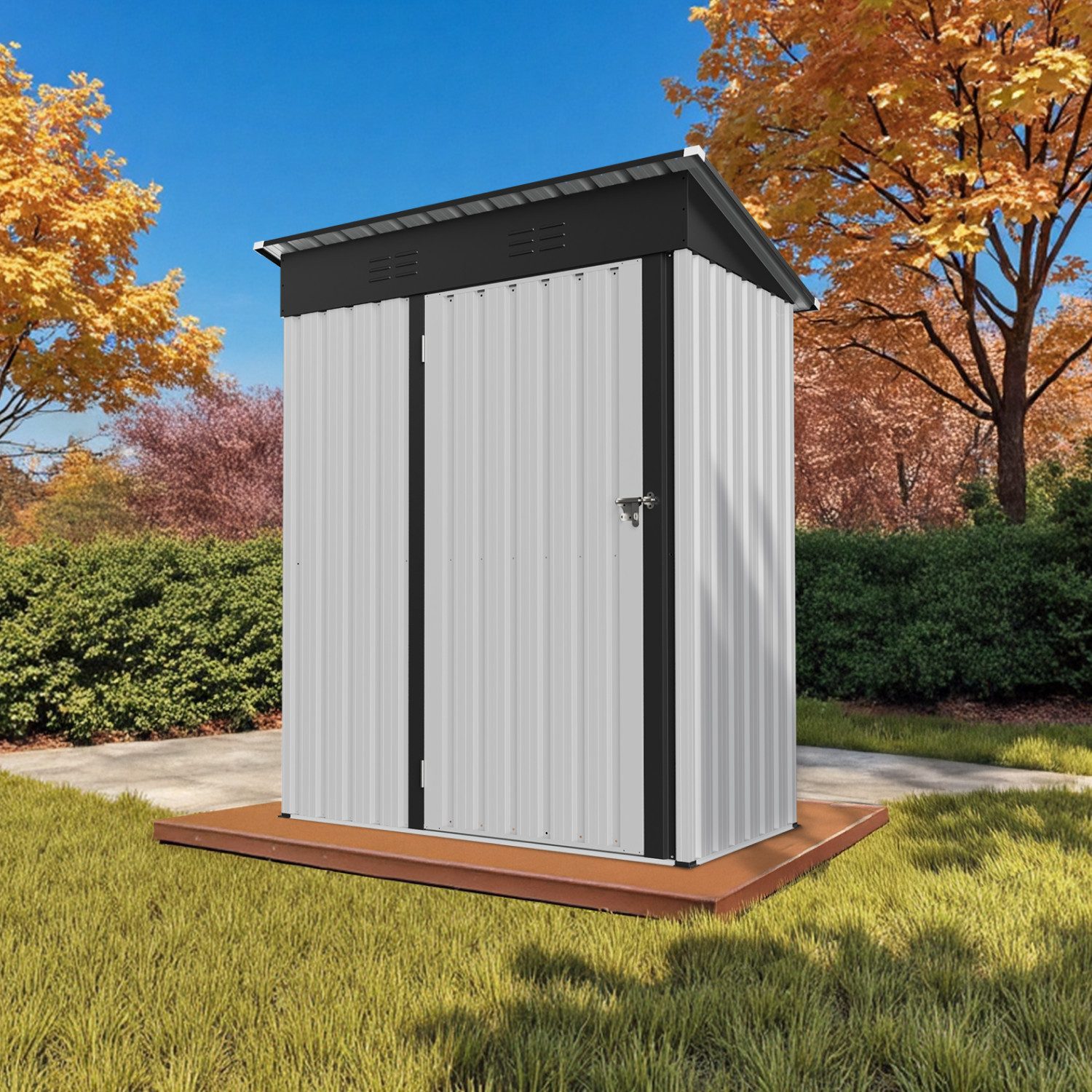 HOMAVO Gerätehaus mit Pultdach, Gartenhaus Metall mit Fundament, mehrere Größen zur Auswahl, mit Belüftungsöffnungen