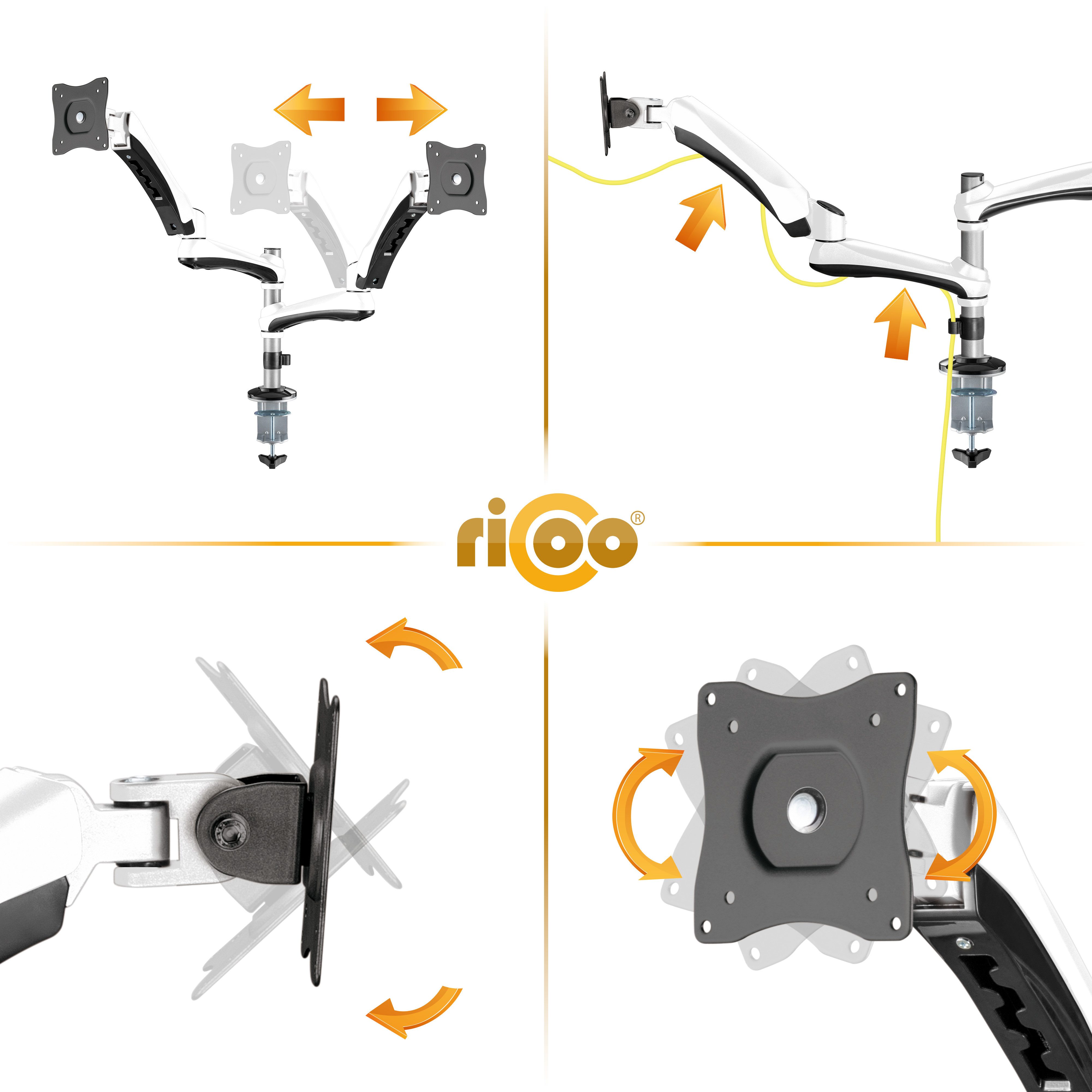 RICOO Monitor-Halterung TS0911-W, (bis 32 Zoll, 1-tlg., Tischhalterung 2 Monitore Gasfeder Dual Monitorstand Bildschirm Halter)
