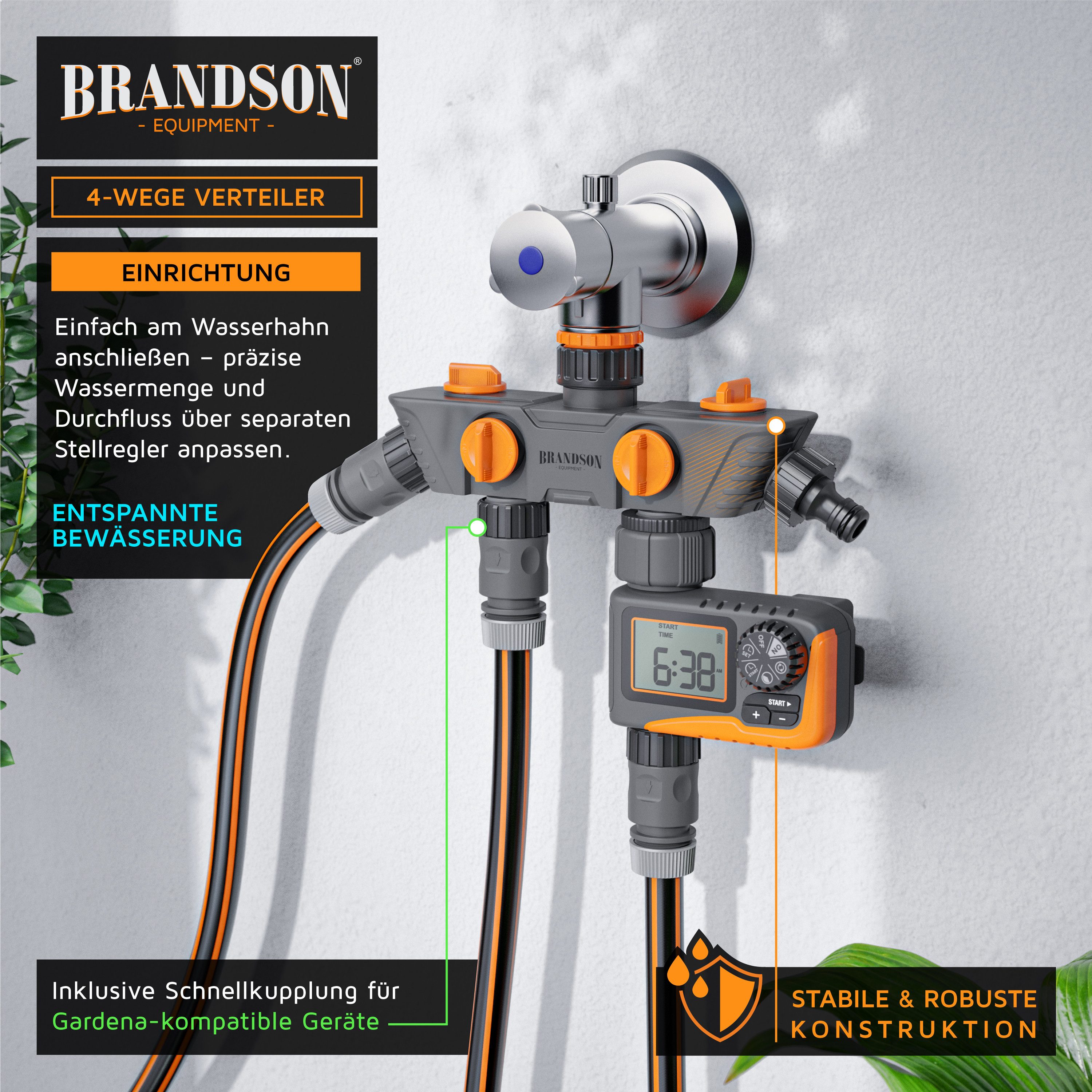 Brandson 4-Wege Verteiler 4-fach Schlauchverteiler, Gartenschlauch Wasserverteiler, 3/4 1/2 Zoll, (1-tlg), Regulierbarer 45° Wasserhahn Schlauch Verteiler für Gartenbewässerung